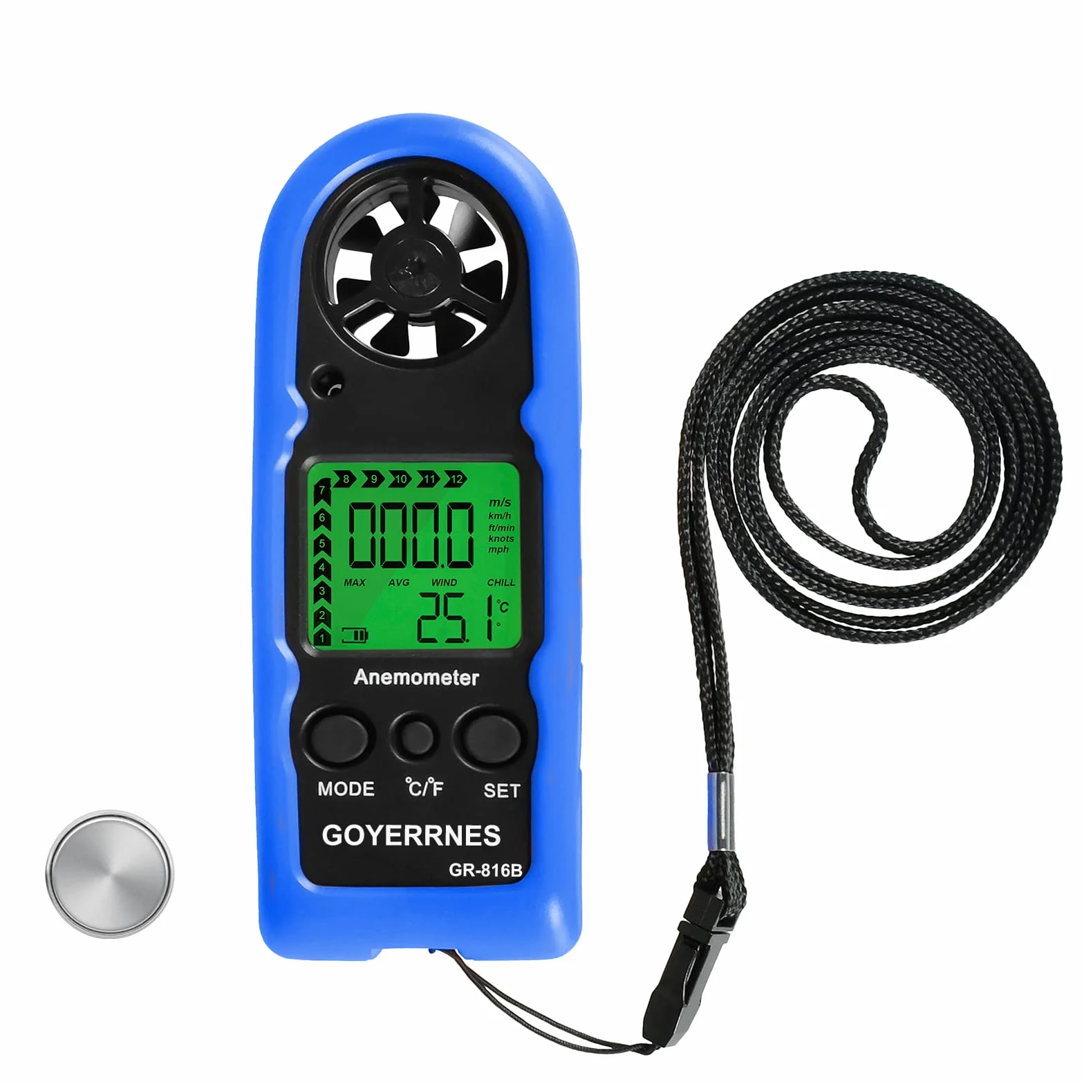 Anemómetro Digital GR-816B Portátil 0.3-30m/s Retroiluminación Velocidad del Viento Temperatura