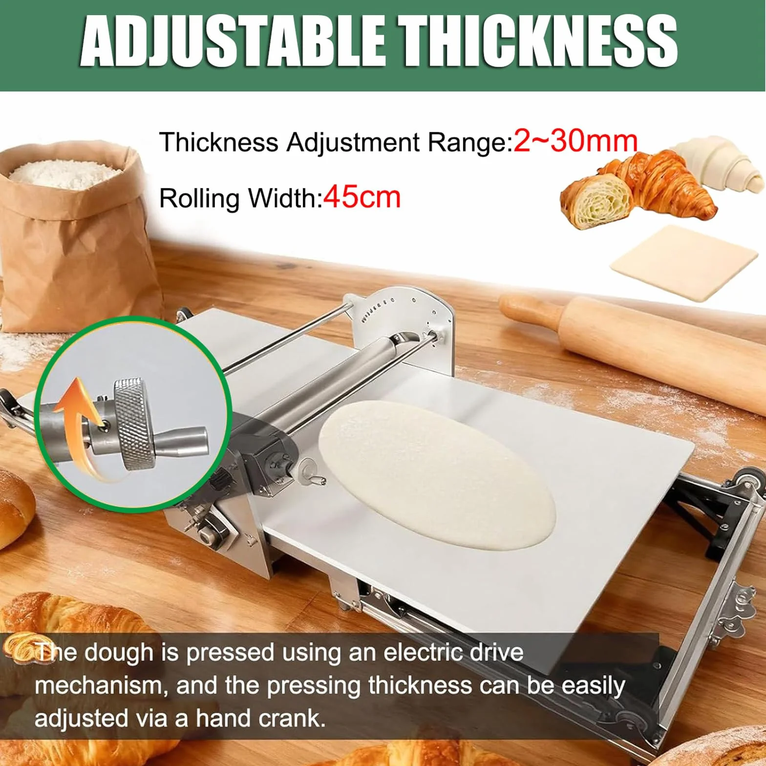 Laminadora De Masa Plegable, Laminadora Eléctrica De Acero Inoxidable, Grosor Ajustable De 1,8 a 3 Cm, Laminado hacia Adelante Y hacia Atrás, para Hojaldre Y Pastelería.