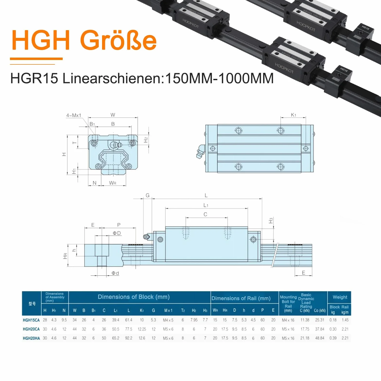 HGR15 Guía Lineal 400mm 2 Guías 4 Bloques HGH15CA