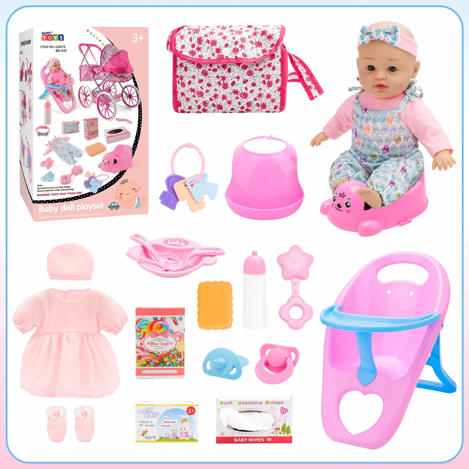 deAO Carrito Bebe Juguetes 31cm Muñecos Bolso Accesorios Ropa Muñecas
