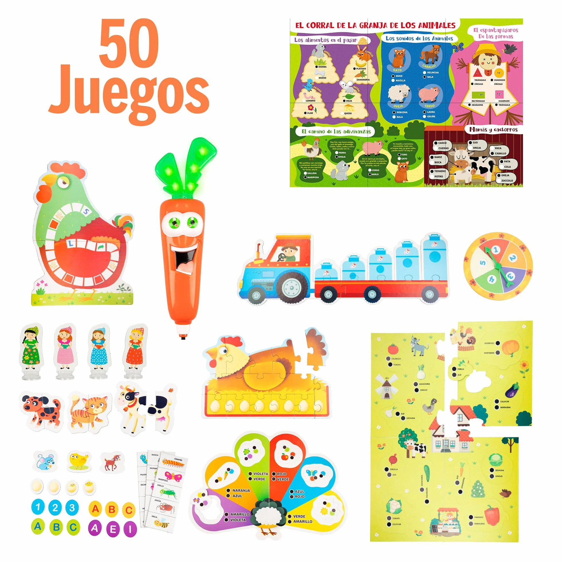 Colorbaby Lisciani Carotina 50 Juegos Juego de Mesa Bolígrafo electrónico parlante Tablero Doble Cara 55 fichas 24 Tarjetas memo 10 puzles Maxi póster 3 años