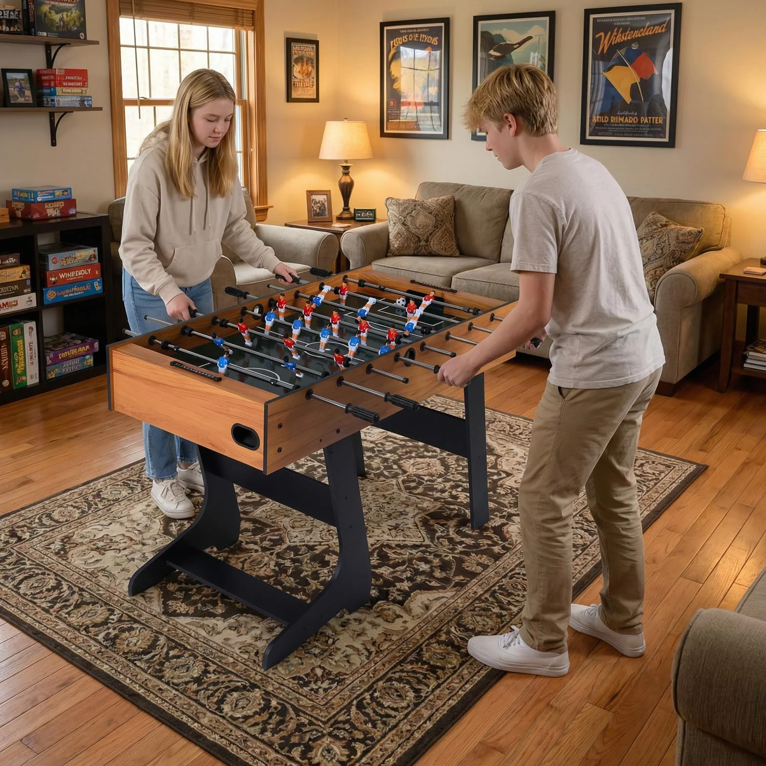 COSTWAY Mesa de Futbolín Plegable de Madera con 22 Jugadores, 121 x 60,5 x 81 cm