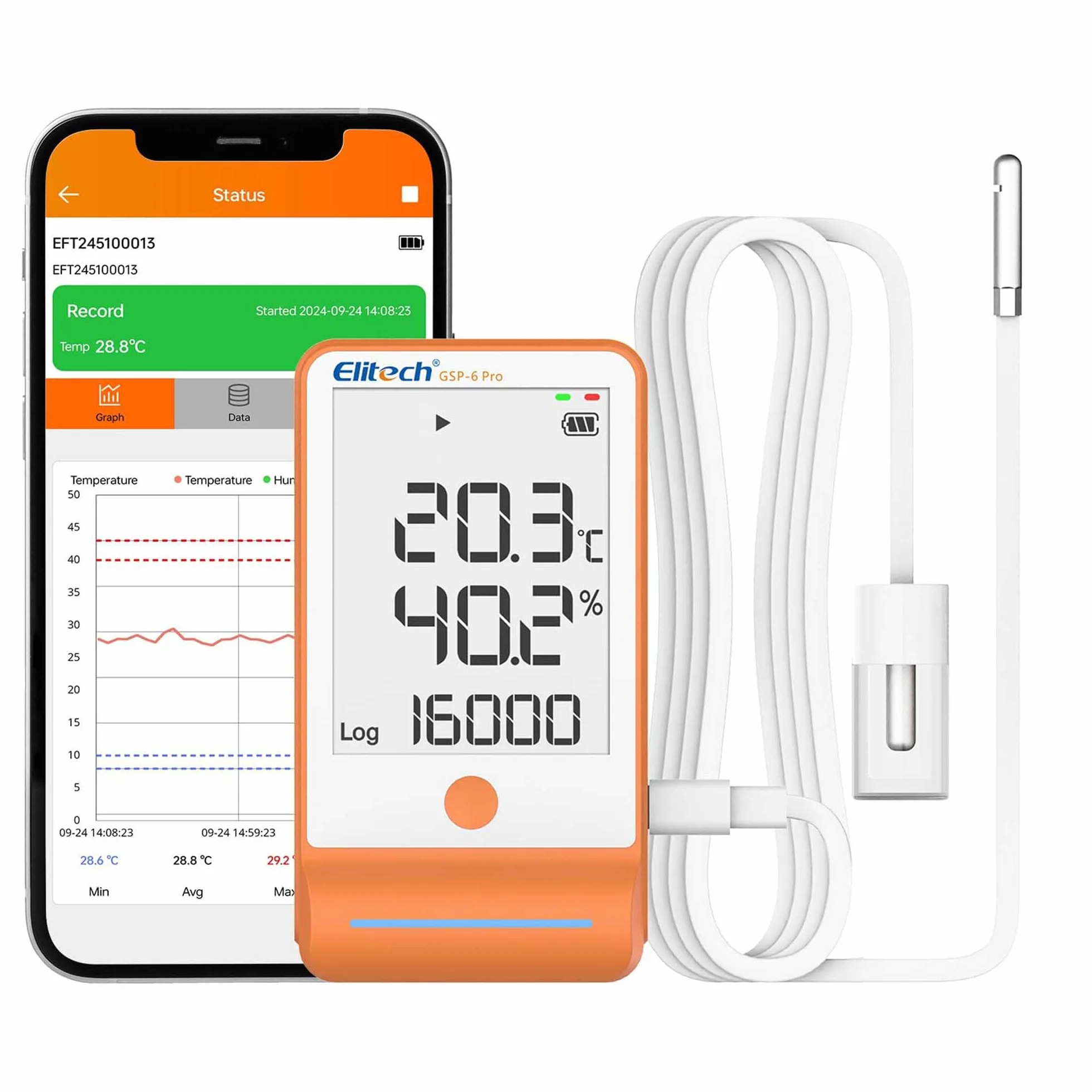 Elitech GSP-6Pro-GLE+THE Registrador de temperatura Bluetooth sensor temperatura humedad 100000 puntos datos certificado calibración
