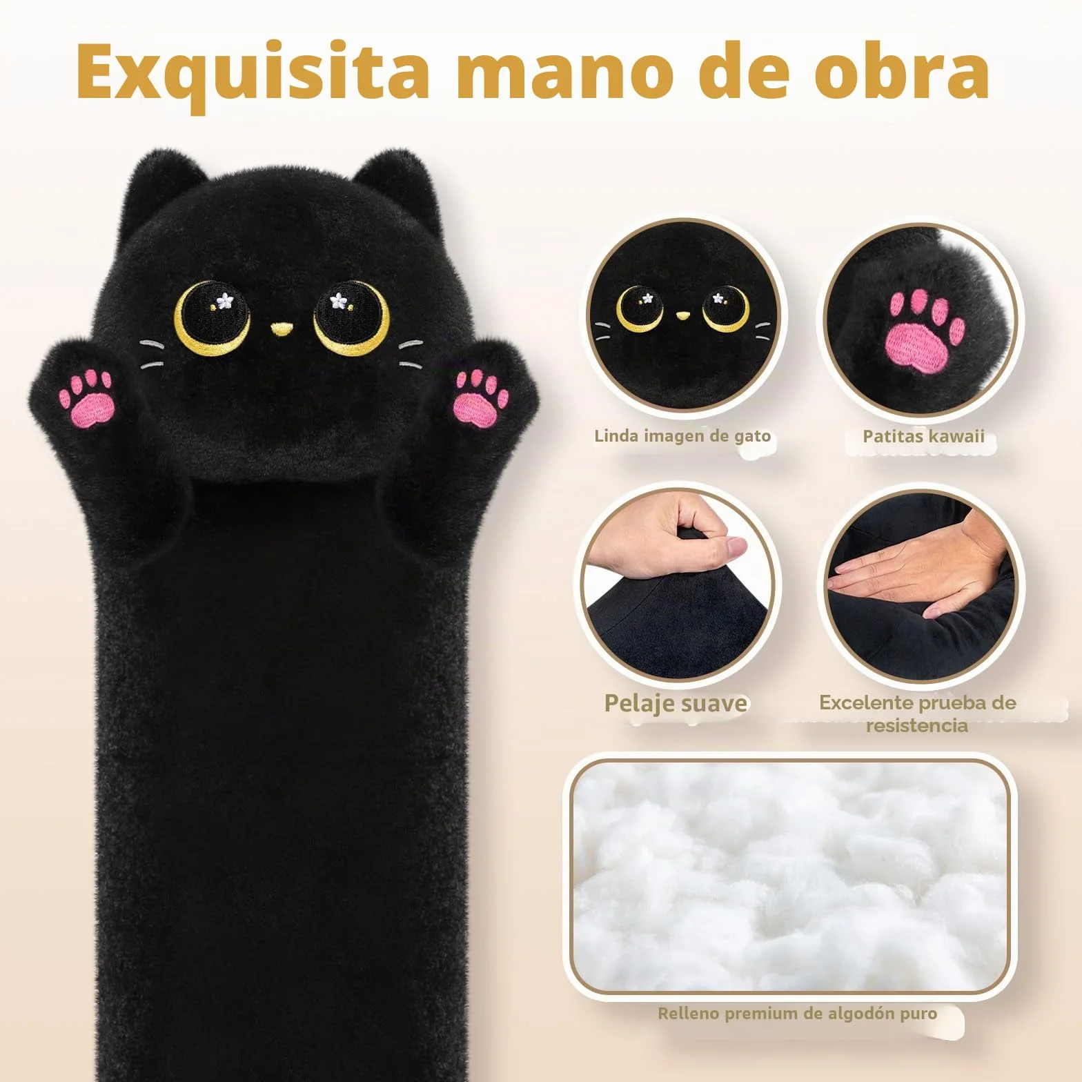 Mewaii Almohada Corporal de Peluche Gato Negro Largo 50 CM