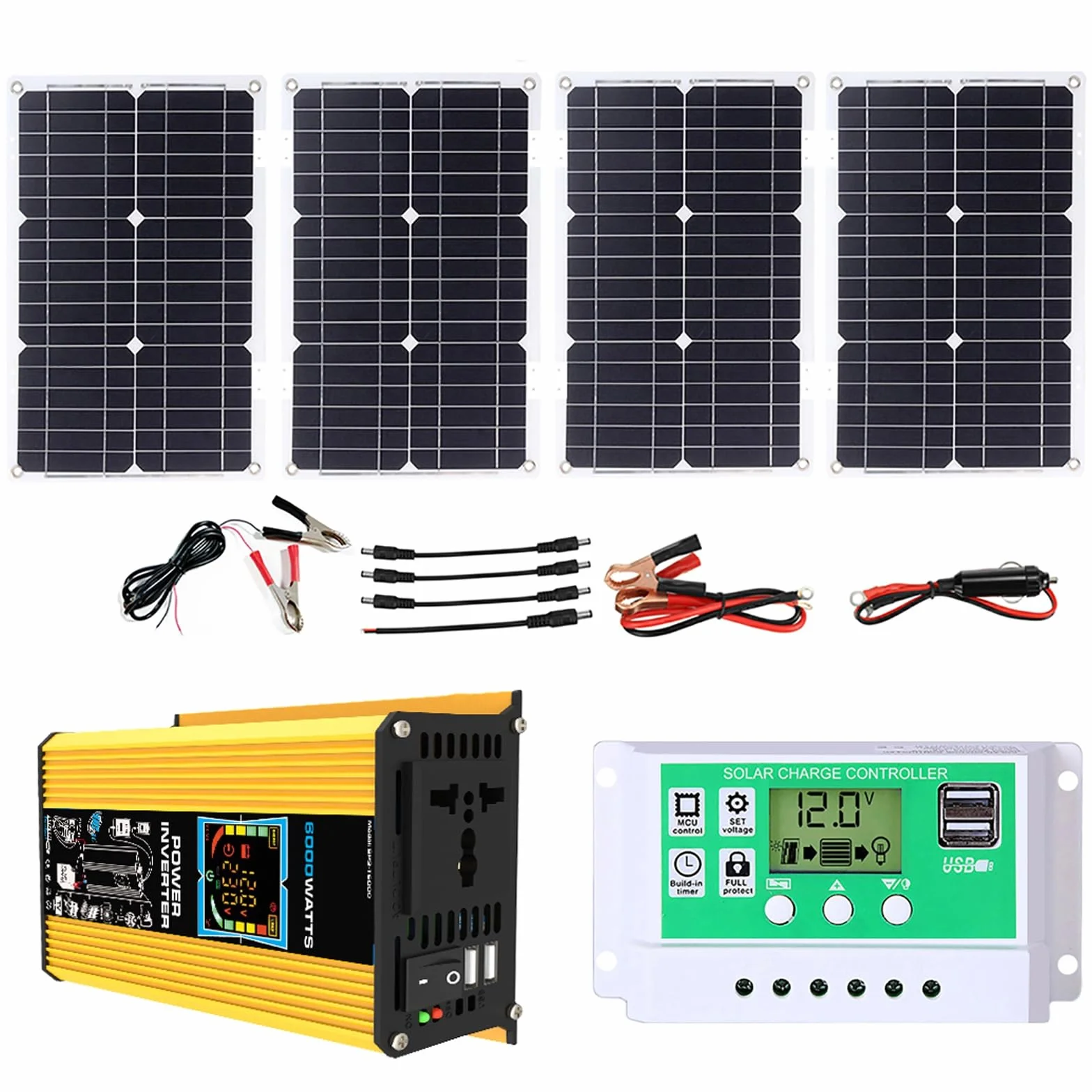 Inversor solar de 6000 W con panel solar monocristalino de 100 W, kit inversor de potencia de 12 V a 220 V con controlador de carga PWM de 50 A, pantalla LCD y USB: sistema de energía solar portátil f