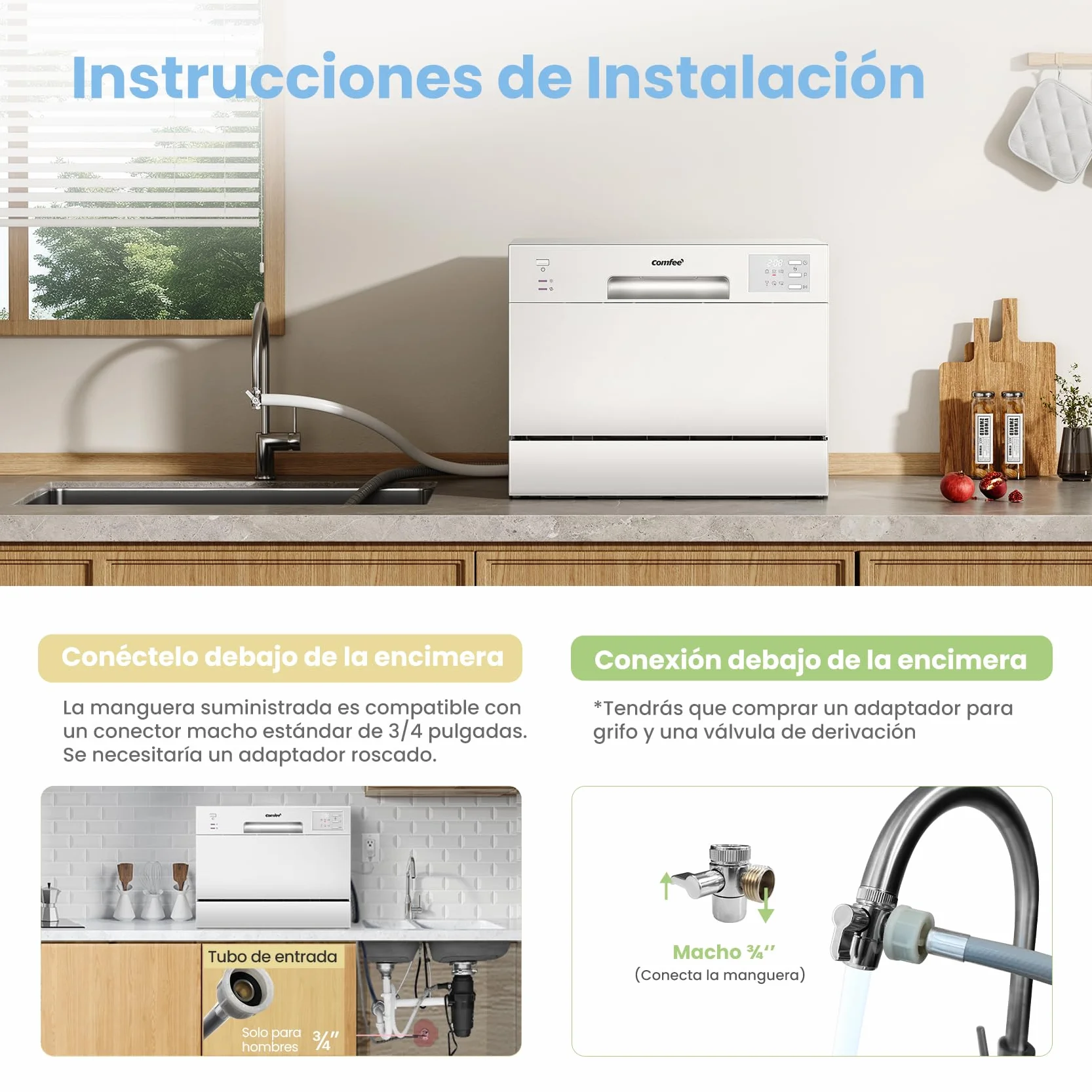 COMFEE' CDWMT0602EWD-EU Lavavajillas de Sobremesa Compacto 6 Cubiertos 6 Programas Clase D Pantalla LED 24H Inicio Diferido 70°C 47 dB Blanco