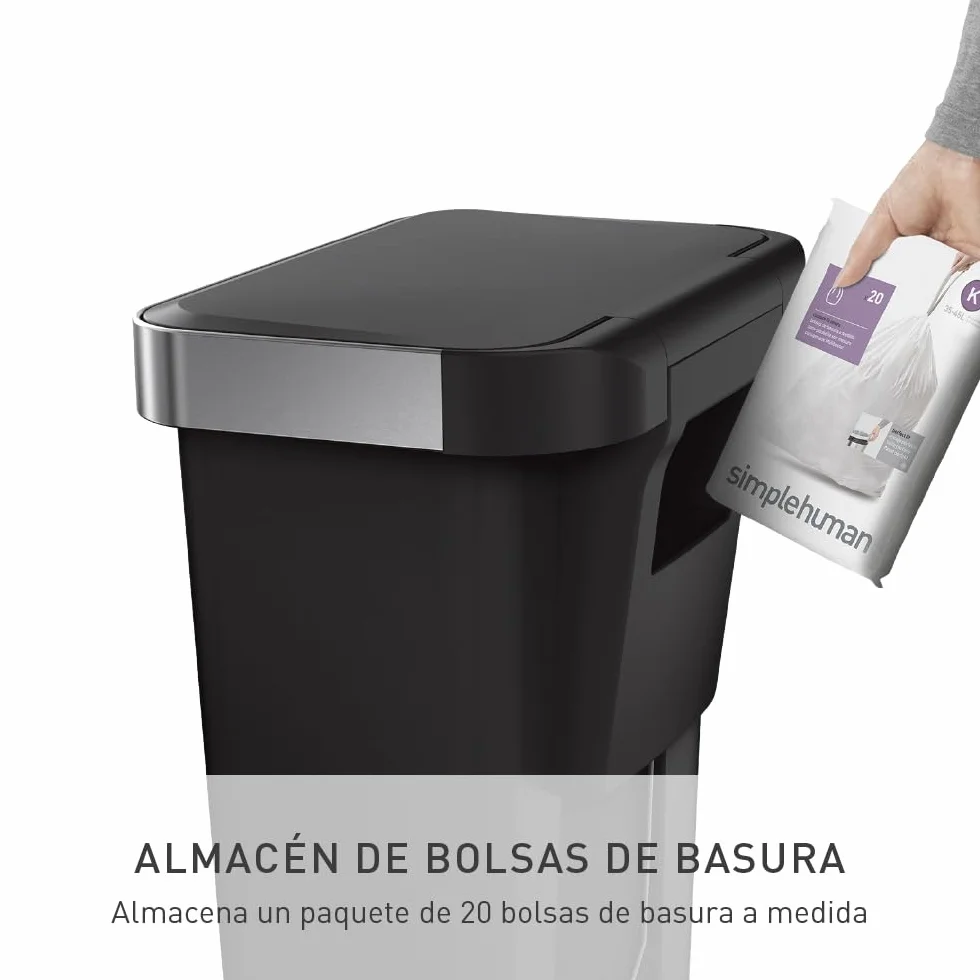 simplehuman, cubo rectangular con pedal y almacén de bolsas de basura, plástico negro, 45 L