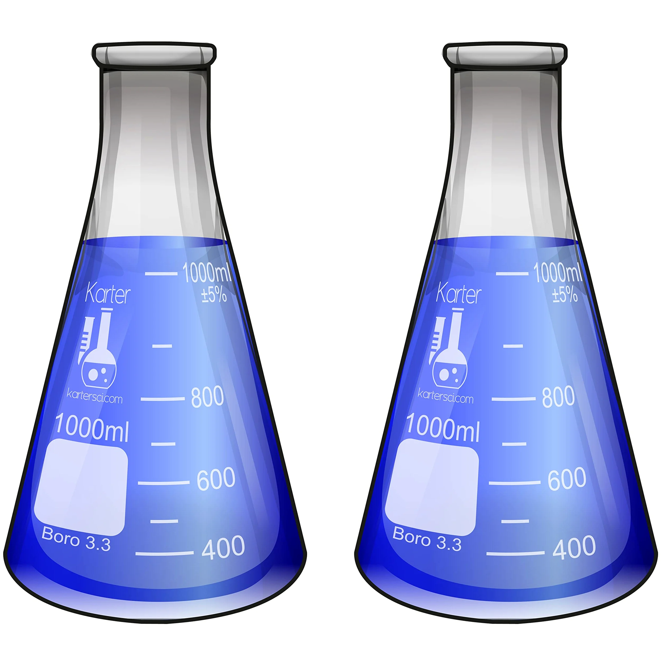 Erlenmeyer Botella de boca estrecha de 1000 ml, vidrio de borosilicato 3.3, Karter Scientific (paquete de 2)