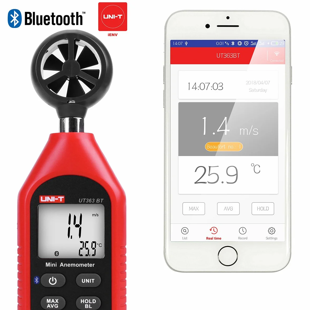 Anemómetro de mano UT363BT Bluetooth digital con termómetro