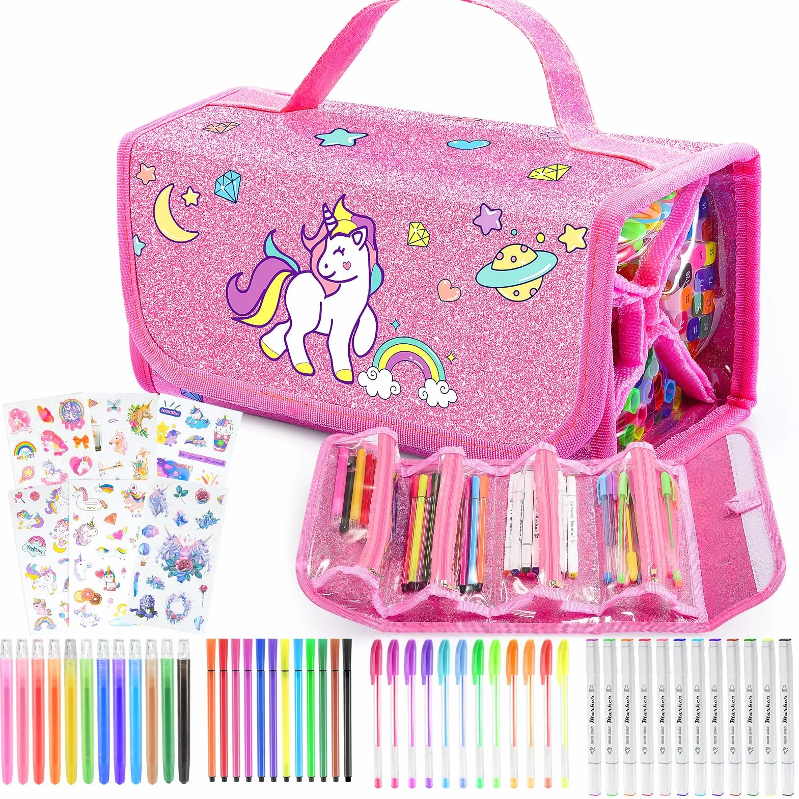 Maletin Pinturas para Niños Acuarelas Marcadores Regalo Niña 3-10 años Estuche 48 Pinceles Pegatinas Impermeable Fácil de Limpiar Rosa