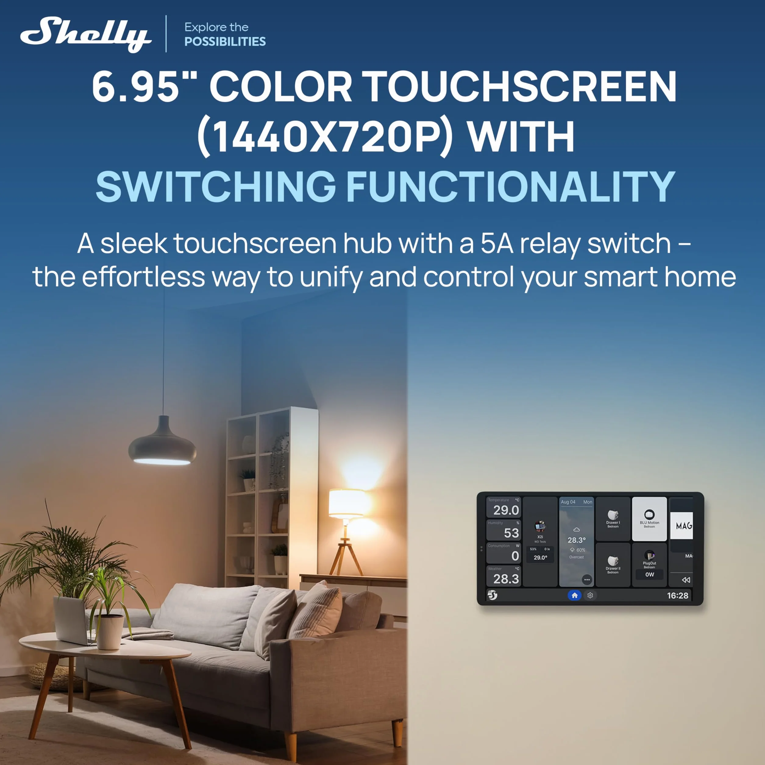 Shelly Wall Display X2i Negro – Panel de control para el hogar inteligente, Pantalla tàctil 6,9”, Wi-Fi y Bluetooth, Control inalámbrico dispositivos inteligentes, Relé 5A, Compatible Home Assistant