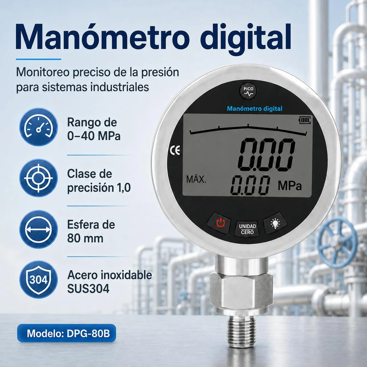 Manómetro Digital Hidráulico, Manómetro de acero inoxidable con Pantalla LCD Iluminada para medir agua, gas, aceite, 400 bar, 0-40 MPa, 10000 PSI con conector G1/4