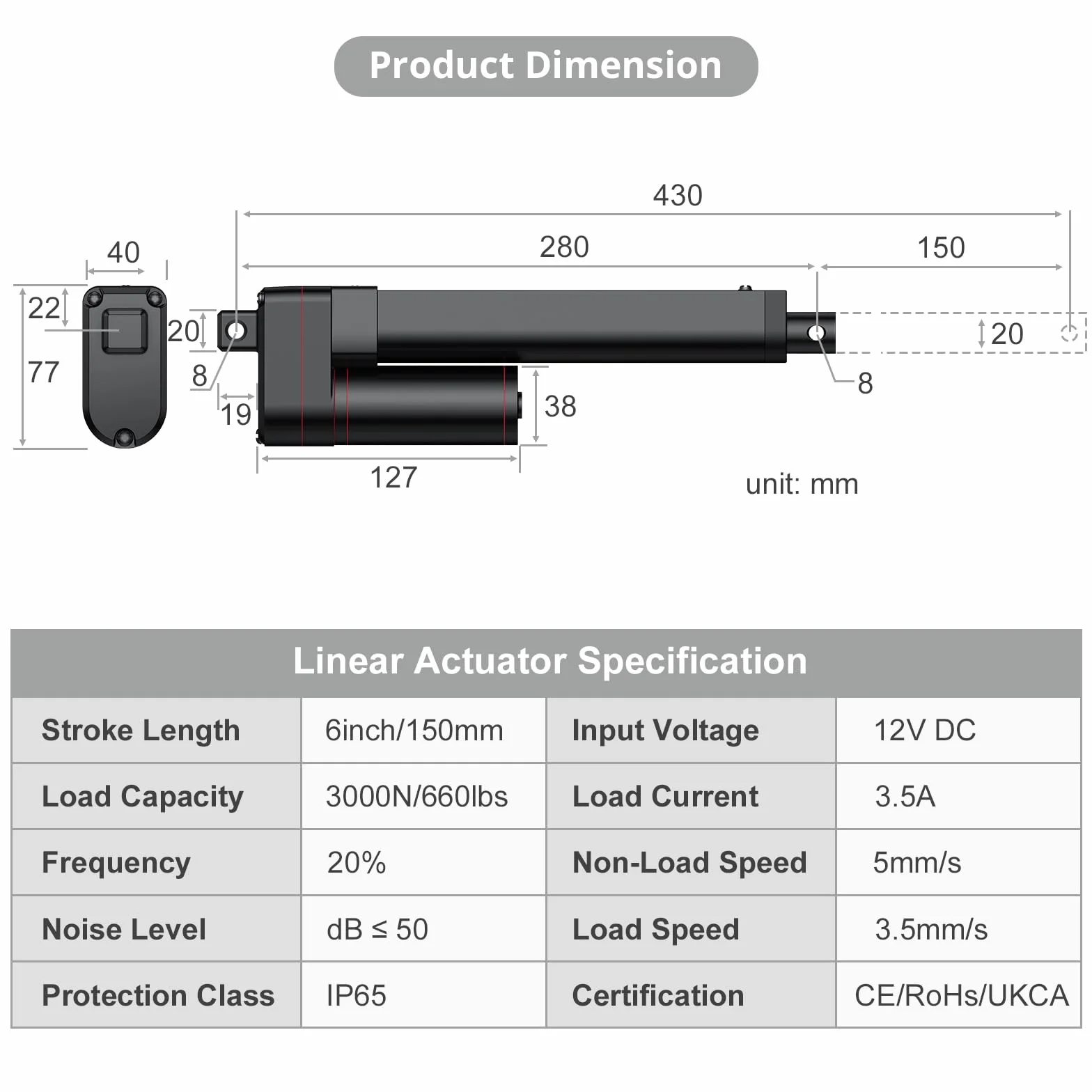 Justech Motor Actuador Lineal 150mm 12V DC 3000N 5mm/s IP65 Impermeable