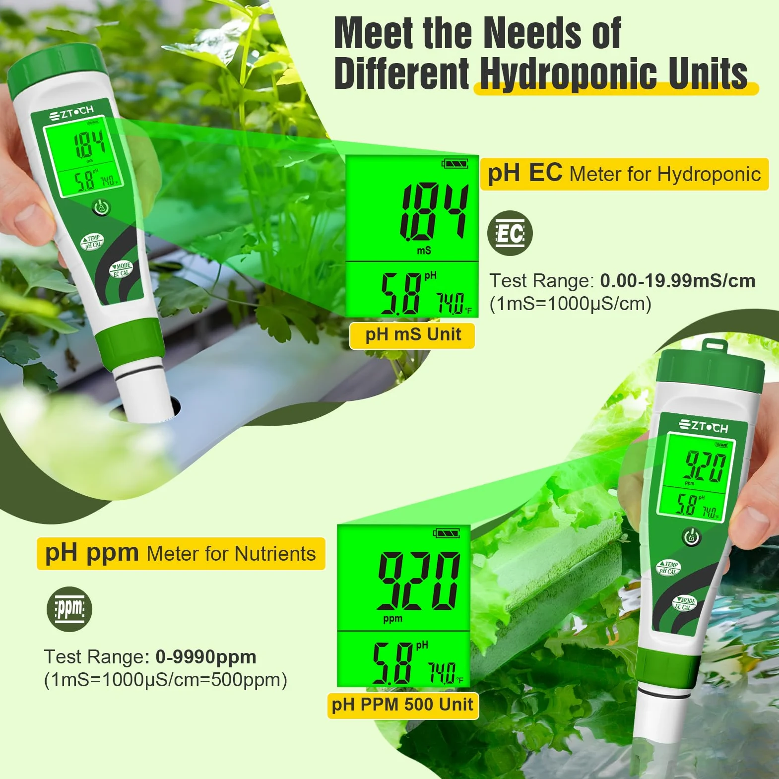 Medidor hidropónico de pH EC PPPM, medidor de pH TDS con visualización simultánea para solución de nutrientes de depósito, medidor de pH EC para configuración de sistema DWC hidropónico de agua