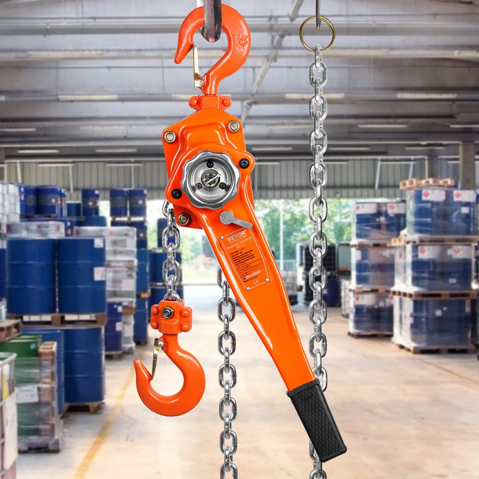 VEVOR Polipasto Manual de Cadena de Palanca Elevación de 5,8 m Polipasto de Trinquete de Acero Capacidad de 1,5 T Polipasto de Palanca Gancho de Rotación 360° con Freno de Doble Trinquete para Garaje