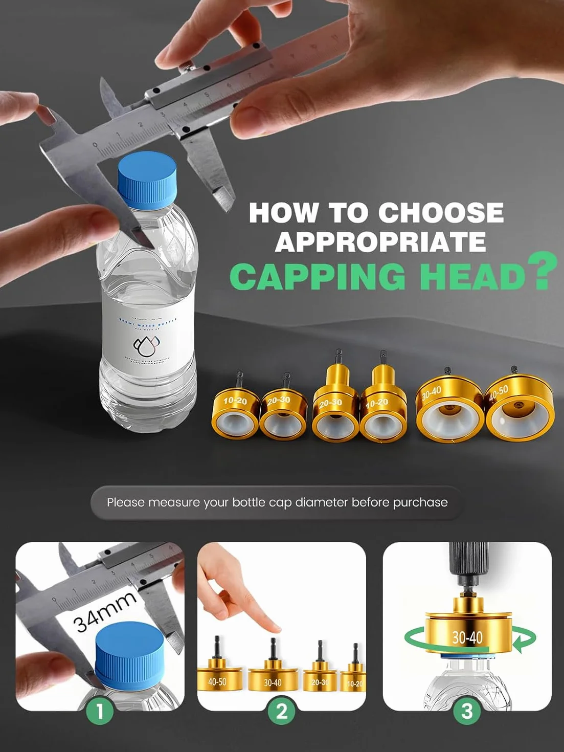 Huanyu Electric Bottle Capper Máquina de tapado portátil Sellador de tapado ajustable de velocidad de 10 mm a 50 mm Máx. 1300 RPM (220 V, tapadora + 6 cabezales de atornillado + extractor)