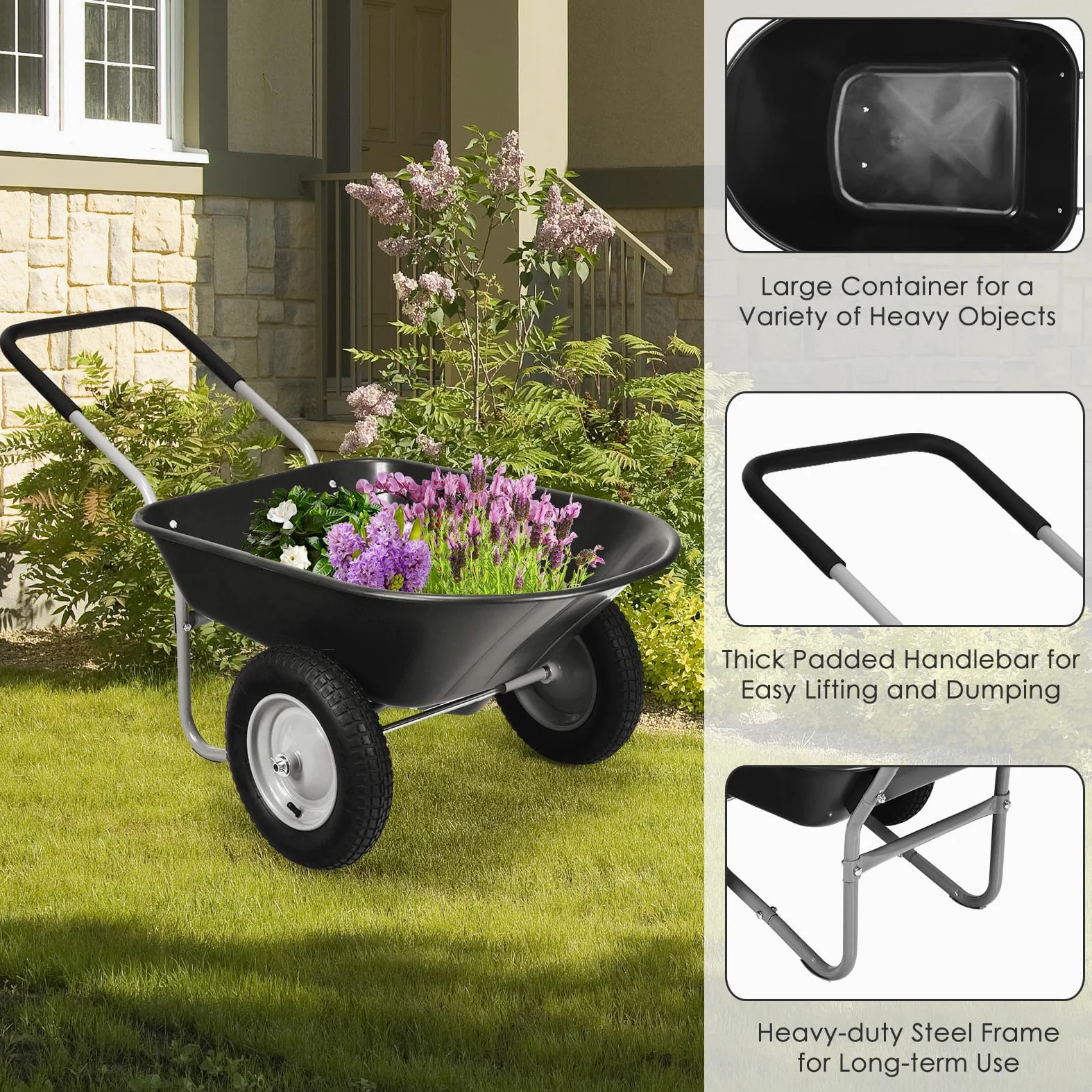 SOARS Carretilla de 100 litros de volumen, carretilla de jardín con 2 neumáticos de aire, mango de goma, carretilla de transporte, ideal para mover el suelo, arbustos de plantas, herramientas de