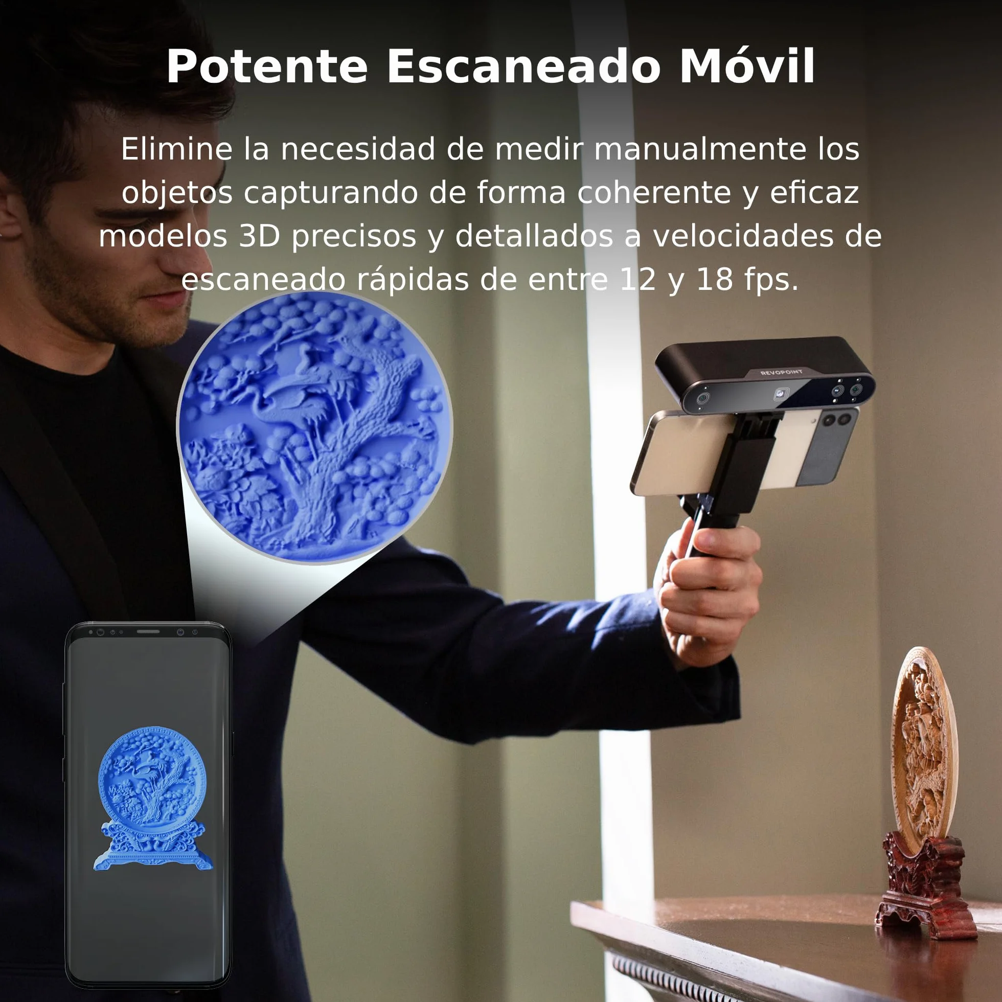Revopoint POP 3 Escáner 3D portátil para impresora 3D, datos de color, precisión de 0,05 mm y velocidad de escaneado de hasta 18 FPS, compatible con móviles y portátiles, actualización 2023-Estándar