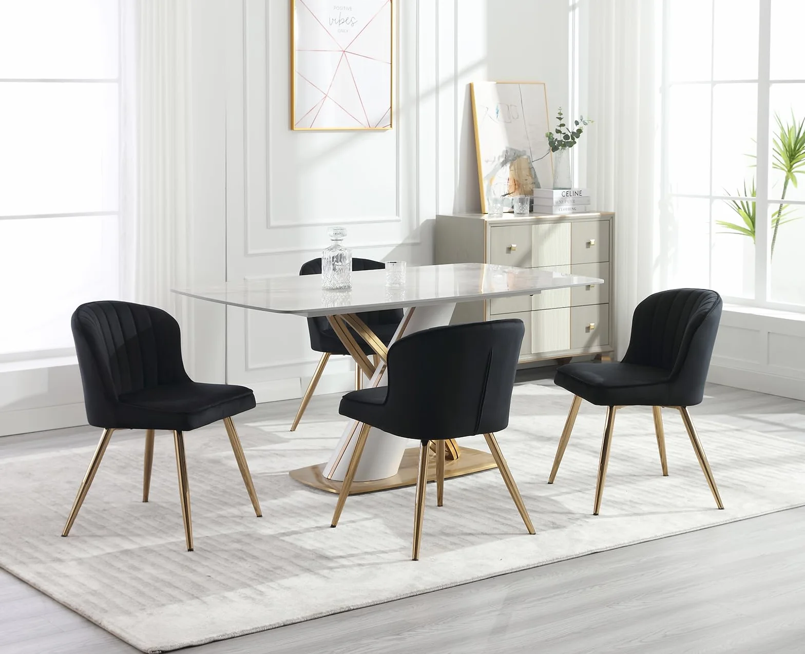 chairus Juego de 2 Sillas de Comedor de Terciopelo Sillas de Cocina Minimalista con Patas Doradas, Silla Lateral sin Brazos para Casa/Restaurante, Negro