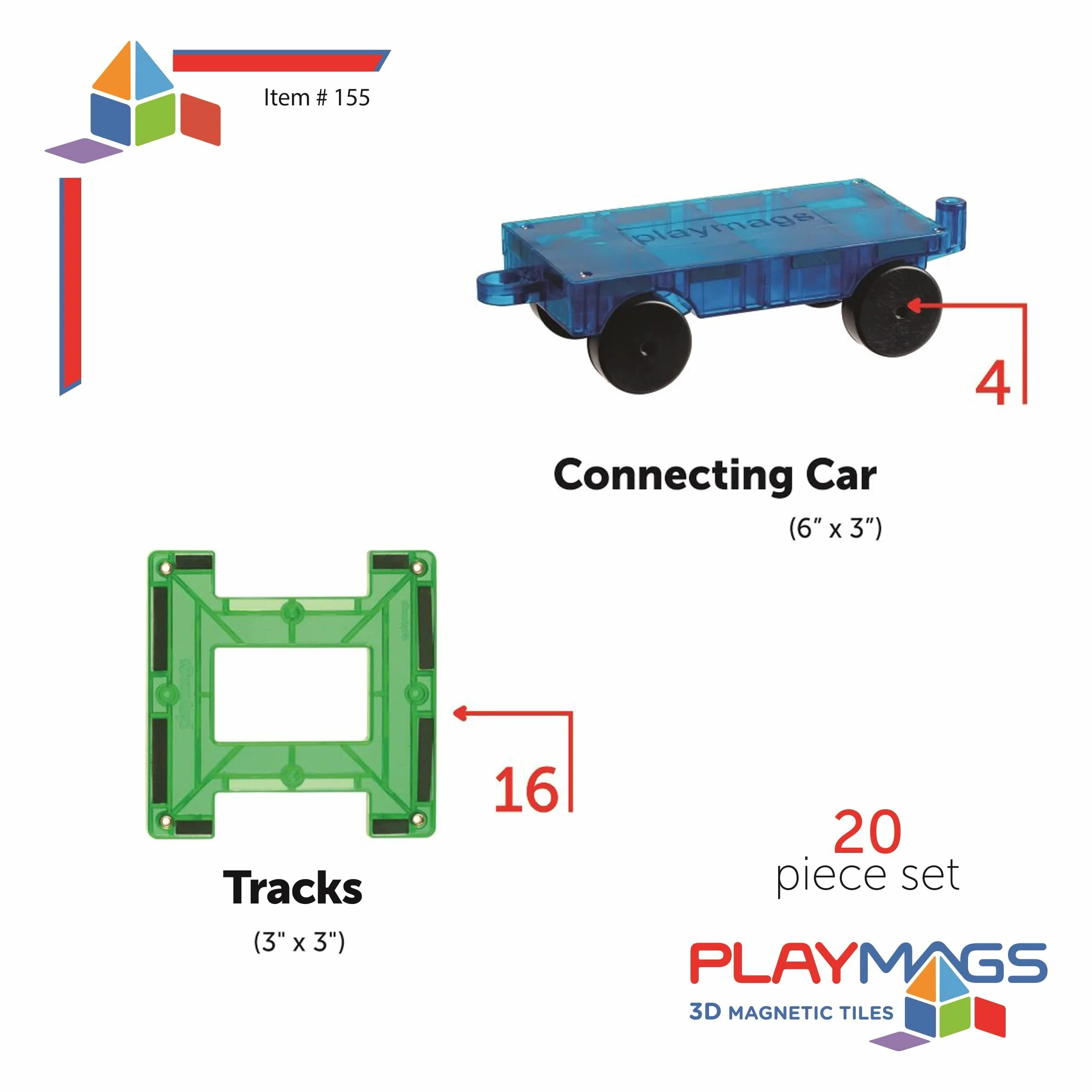 Playmags 20 Piezas Juego de Tren con Imanes Fuertes y Azulejos de Color Vívido