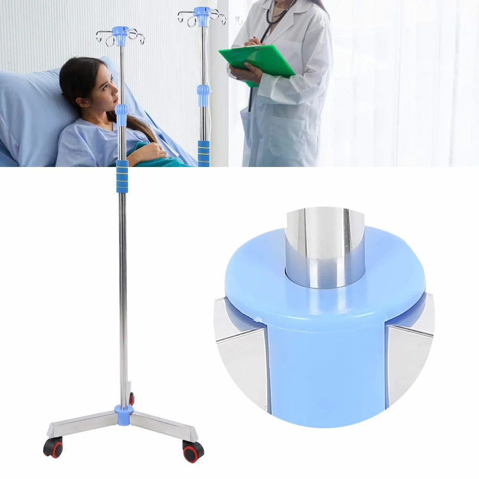 Soporte para suero intravenoso con ruedas, soporte de acero inoxidable Soporte para infusión portátil Soporte para bolsa intravenosa con 4 ganchos para el hospital y el hogar, altura ajustable