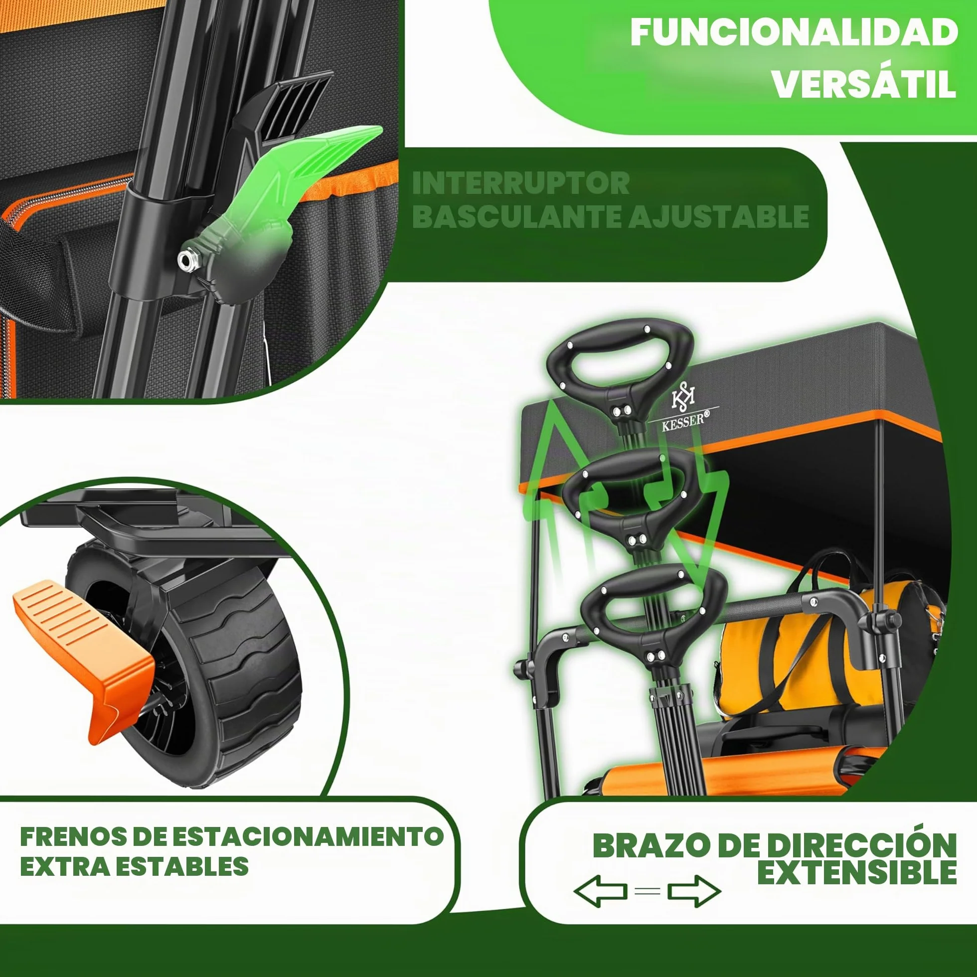 KESSER® Carro plegable GT9000 con techo | Máx. soporta 150 kg, ruedas de goma dura, frenos de estacionamiento (delantero y trasero) | Cerradura, cubierta, clima