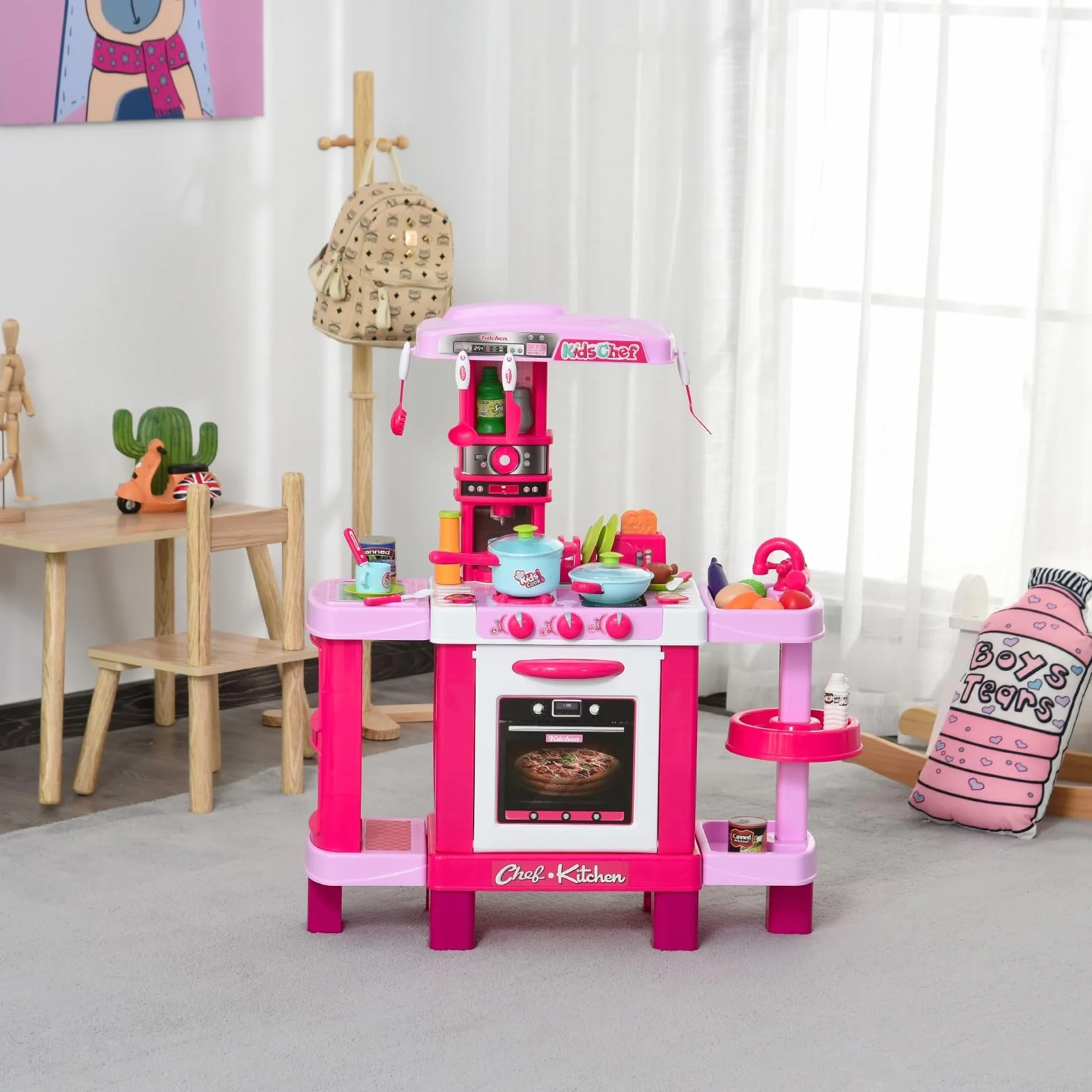 HOMCOM Cocina de Juguete para Niños 38 Accesorios Luz Sonido 78x29x87 cm Rosa