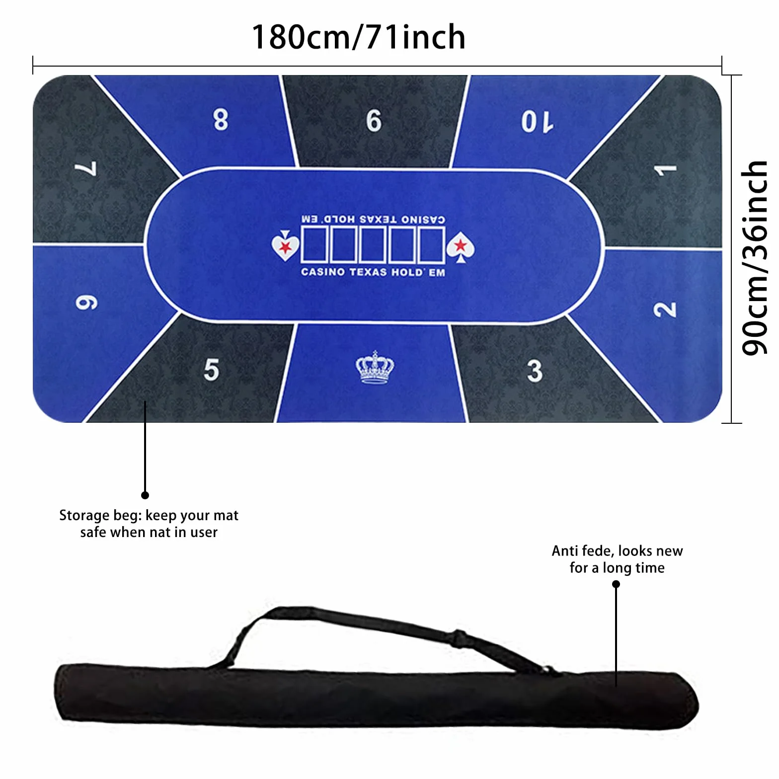 Alfombrilla de póquer profesional 180 x 90 cm, blackjack para 10 jugadores, goma, diseño Texas Hold'em, con bolsa de transporte