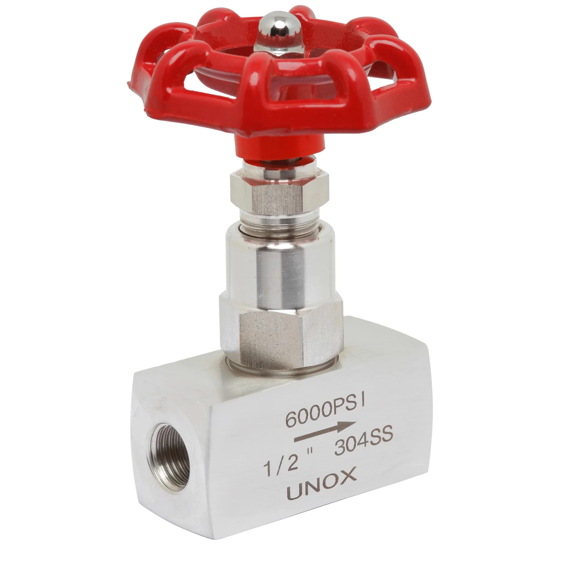 Unox Válvula de aguja de acero inoxidable 304 de 1,27 cm para válvula de control de flujo de aguja de líquido y gas, 6000 PSI, válvula industrial duradera para aceite, gas y productos químicos,