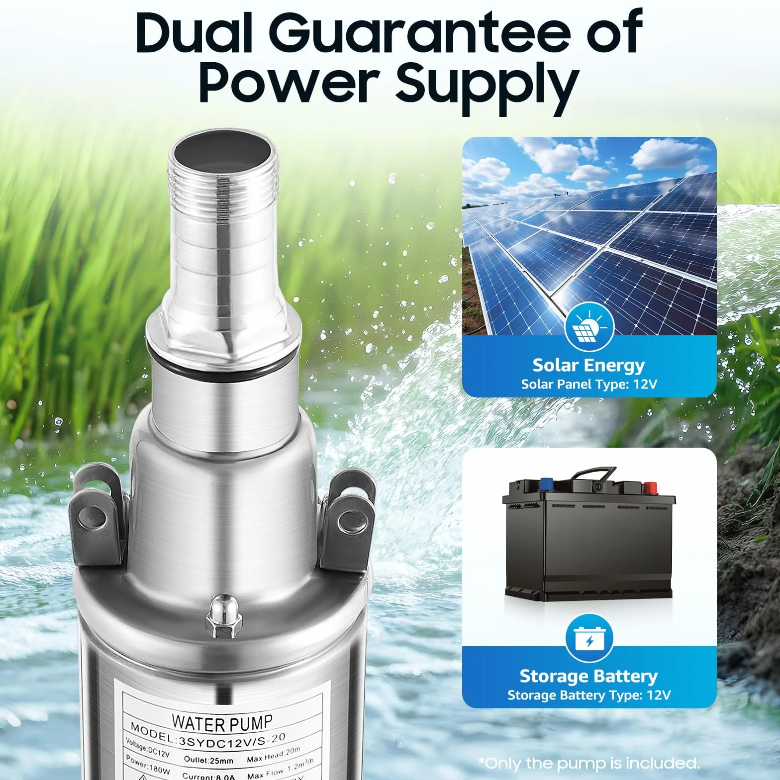 Bomba Para Pozos Profundos, 12 V, 180 W, De Acero Inoxidable, Sumergible, Salida De 25 Mm Hasta 20 M, 1,2 M³/H, Ideal Para Riego O Suministro De Agua