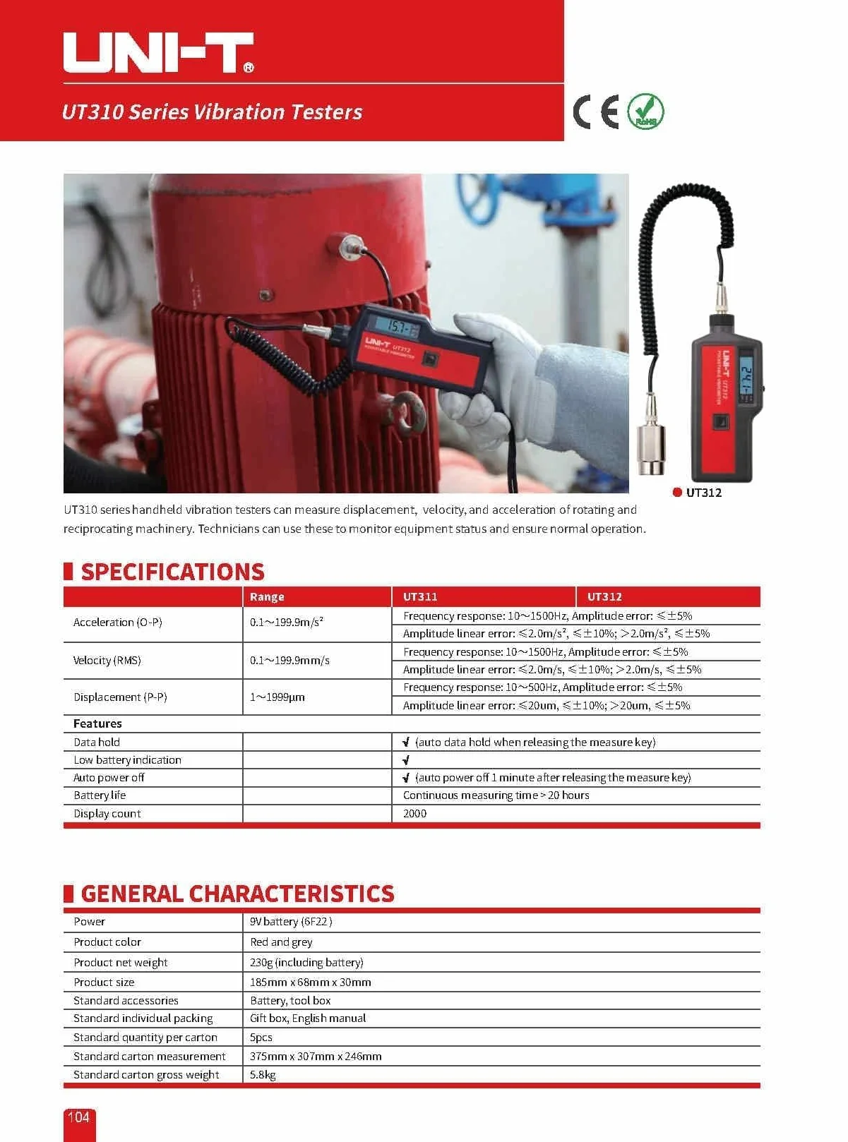 UNI-T UT312 Probador de Vibraciones, 0.1-199.9m/s² Aceleración, 0.1-199.9mm/s Velocidad, 1-1999µm Desplazamiento