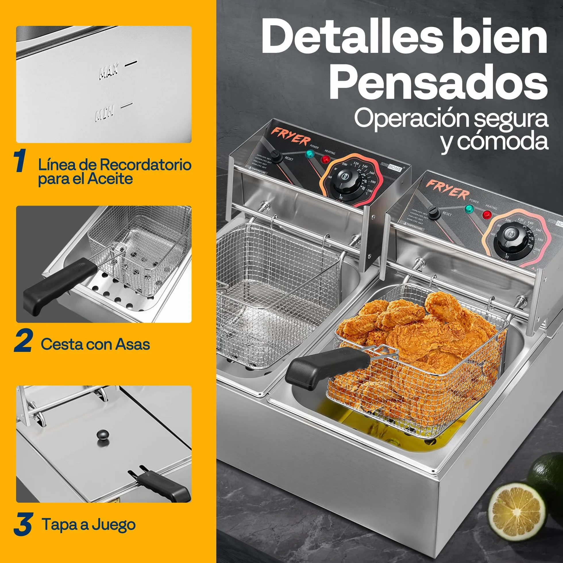VIVOHOME Freidora Eléctrica Comercial 20L con 2 Cestas para Freír Temperatura Ajustable 60-200°C Freidora Eléctrica a Oleo