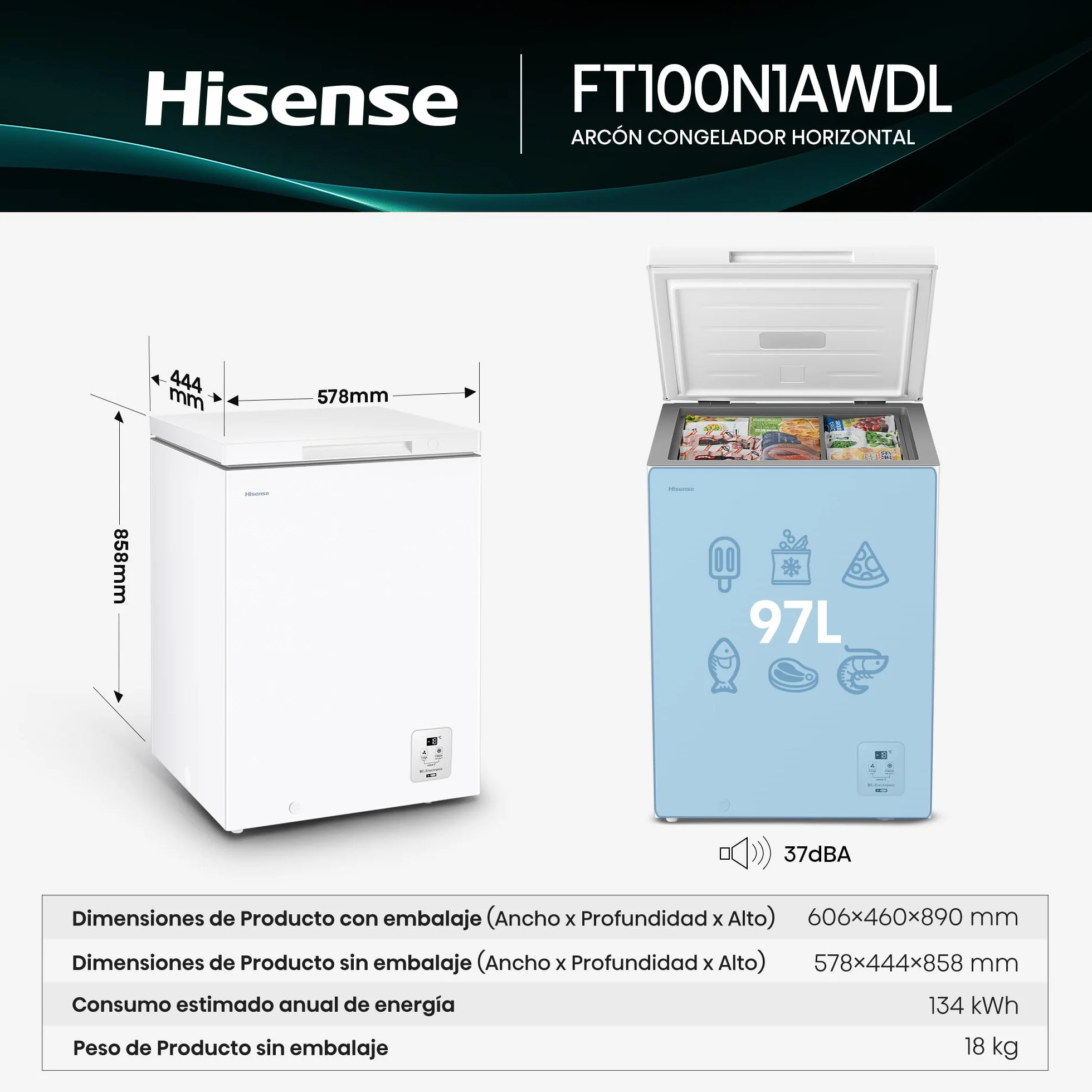 Hisense Arcón Congelador Horizontal 97L 86cm Congelación 360° Congelador Convertible Control Electrónico de Temperatura Freezer Protect Blanco