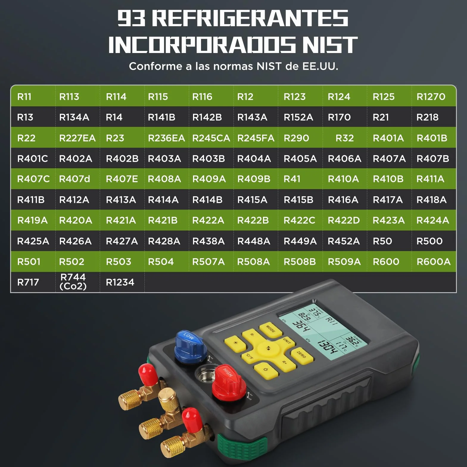KAISAL Digital Manómetro de Aire Acondicionado Maquina Carga Aire Acondicionado para 93 Refrigerantes R410a R32 R22 R1234YF HAVC Recargardor Manómetro