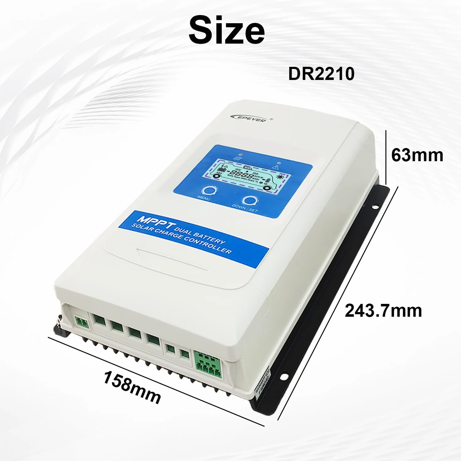 EPEVER® 20A MPPT Regulador de Carga solar de Doble Batería 12V/24V Auto con Pantalla LCD para RV Camper Barco Remolque apto para Sellado, Gel, inundado, Batería de Litio - DR2210N