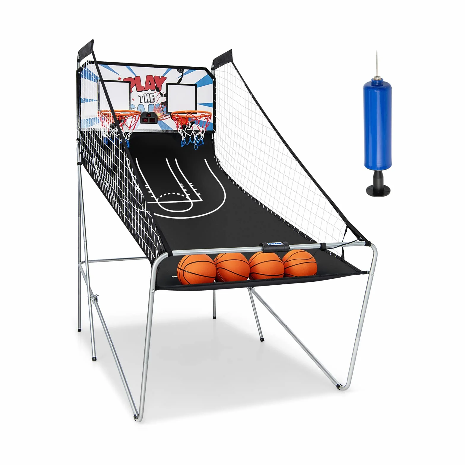 KOMFOTTEU Juego de Canasta de Baloncesto Plegable Doble Canasta con Contador Electrónico 8 en 1 Máquina de Tiro 202x107x205 cm