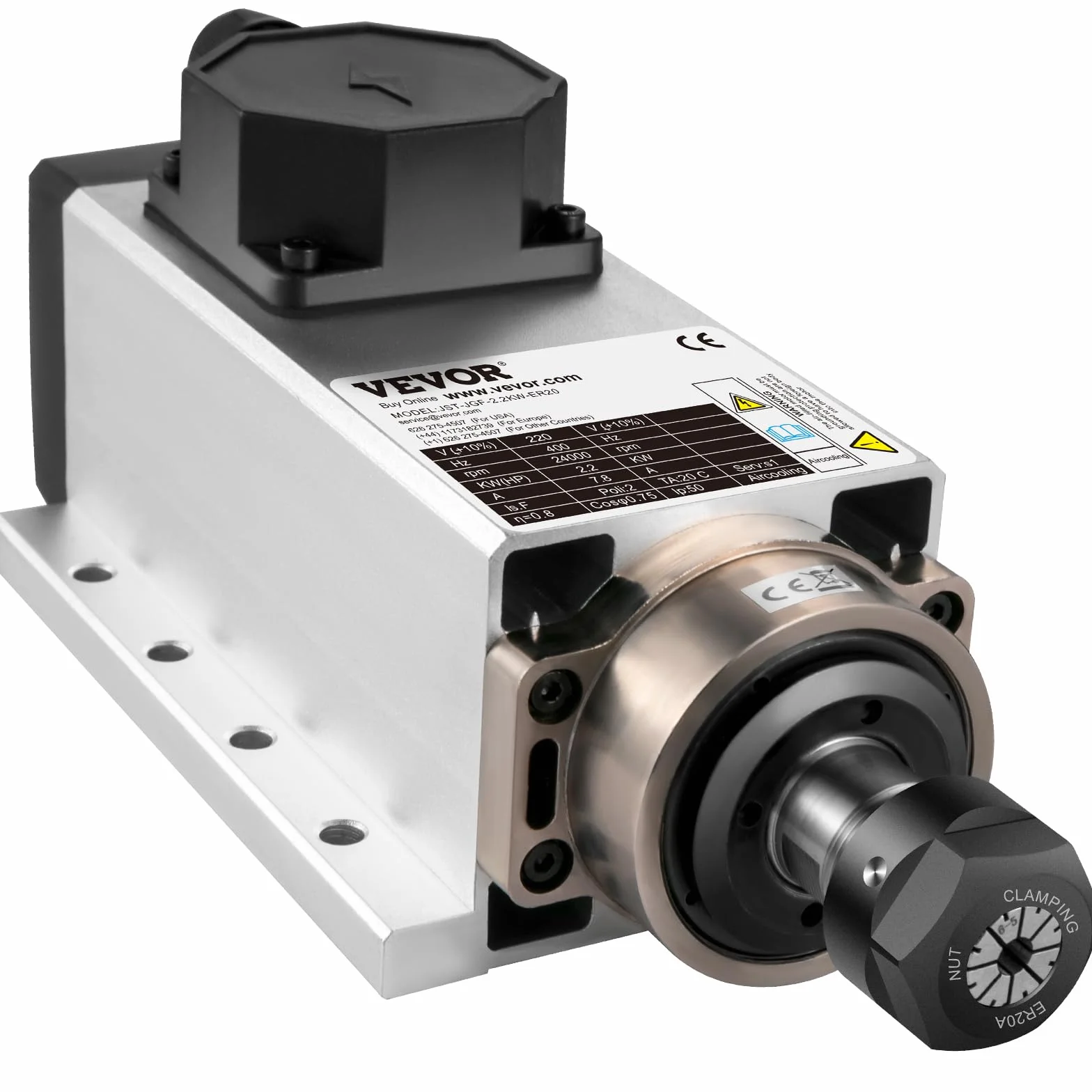 VEVOR Motor de Husillo Refrigerado 2,2 kW 24000 rpm Motor Refrigerado por Aire ER20 Motor de Husillo Cuadrado Refrigerado para Máquinas de Grabado o Variador de Frecuencia y Materiales de Aplicación