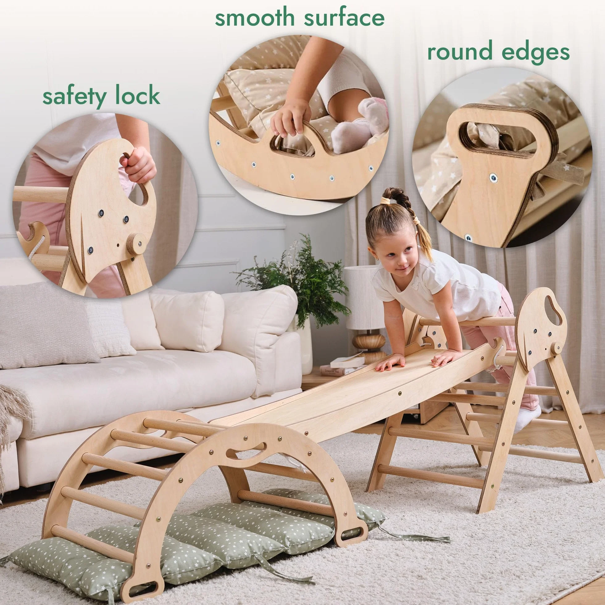 Estructura de Escalada 5 en 1 para Niños - Escalera Triángulo, Arco, Balance Board, Cojín, Gimnasio Montessori de Madera 1-3 Años