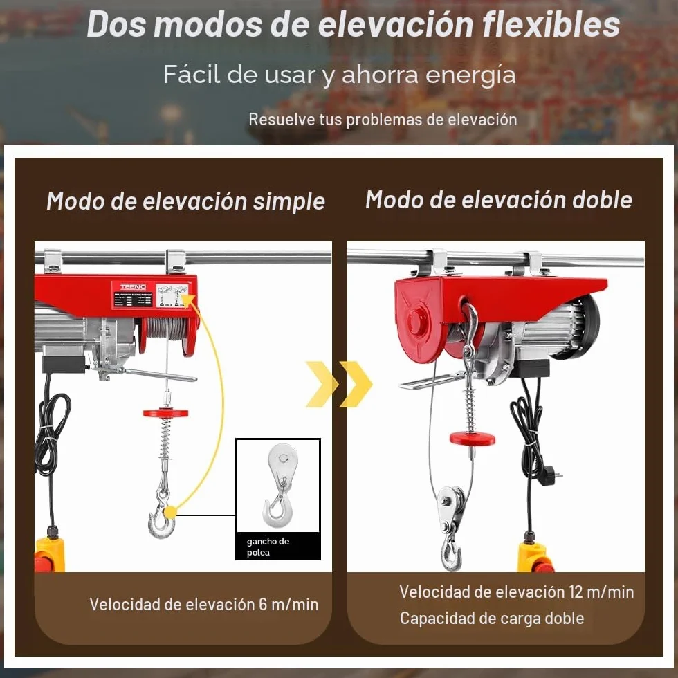 TEENO Polipasto Eléctrico Cuerda 1200 W 220V,Cabrestante Eléctrico 6m/12m de Altura de Elevación,Capacidad de carga 300-600 kg,Almacenes, Elevación de Mercancías,Rojo