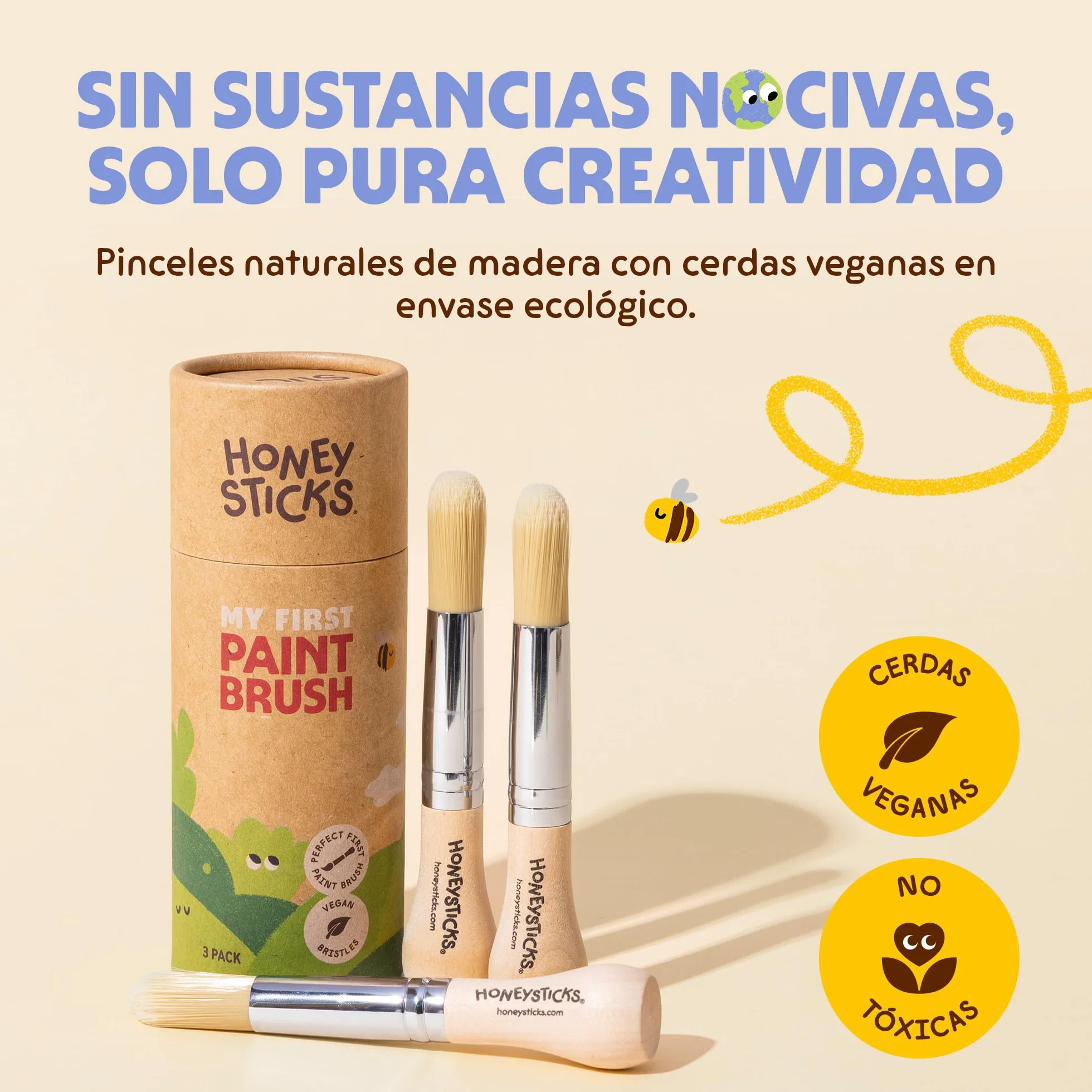 Honeysticks Juego de Pinceles Gigantes para Niños Pequeños - 3 Piezas con Mango de Madera