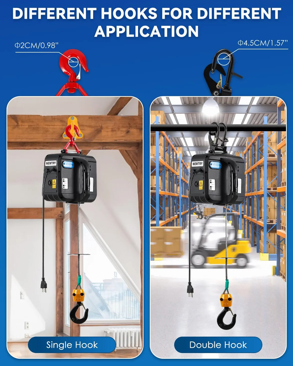 NEWTRY Polipasto Eléctrico 500KG PRO, 1600W Cabrestante Eléctrico 9m Elevación con Mando a Distancia Inalámbrico 100m y Mando con Cable 5m, Ganchos Dobles Más Seguros, Con Manual en Español