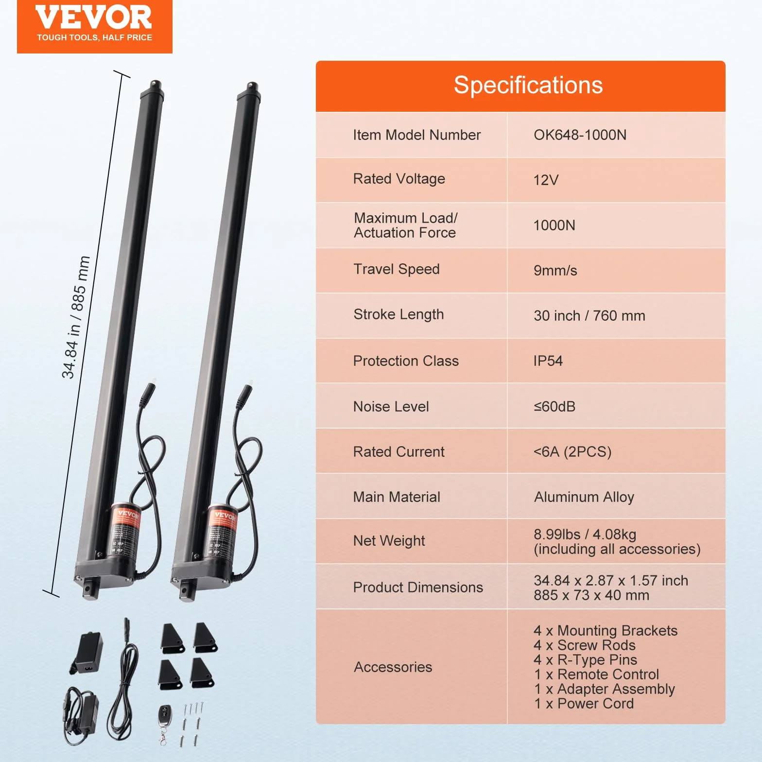 VEVOR Actuadores Lineales Kit 2PCS 12V Actuador de Movimiento Lineal 760mm Velocidad 9mm/s, Actuador Lineal 220lb/1000N Control Remoto Inalámbrico para Levantar TV/Mesa/Sofá, Protección IP54