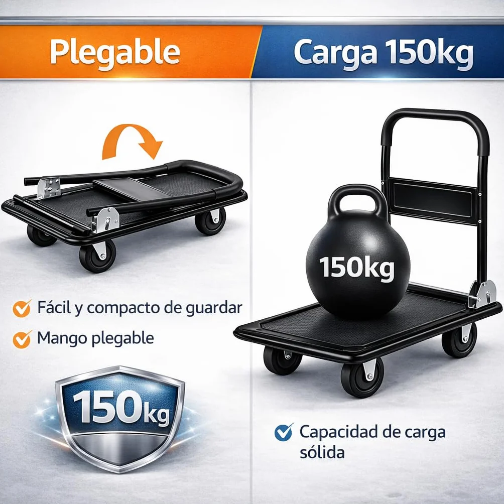 Carro de Plataforma Transporte Industrial Plegable 150kg Negro