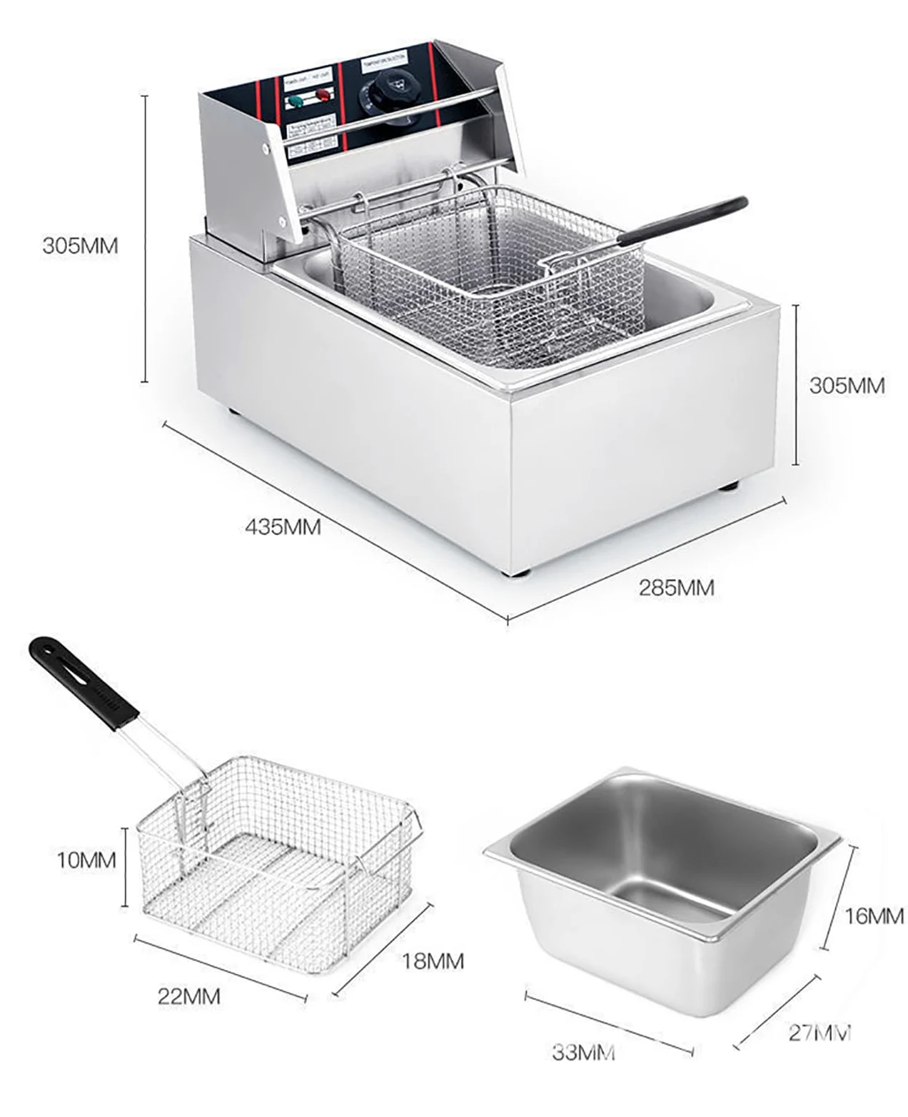 Freidora eléctrica de 10 litros, freidora de 2500 W con cesta para freír, freidora de encimera de acero inoxidable, temperatura ajustable, utilizada en restaurantes, restaurantes de comida rápida