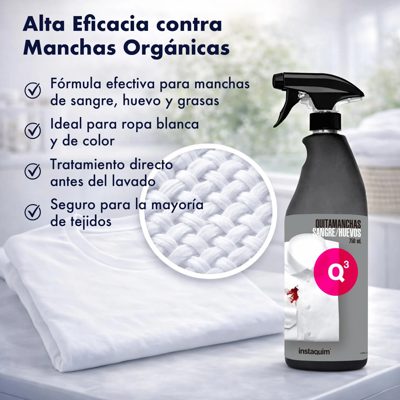 Quitamanchas Q3 para Sangre, Huevo y Grasa – Elimina Manchas Orgánicas en Ropa Blanca y de Color