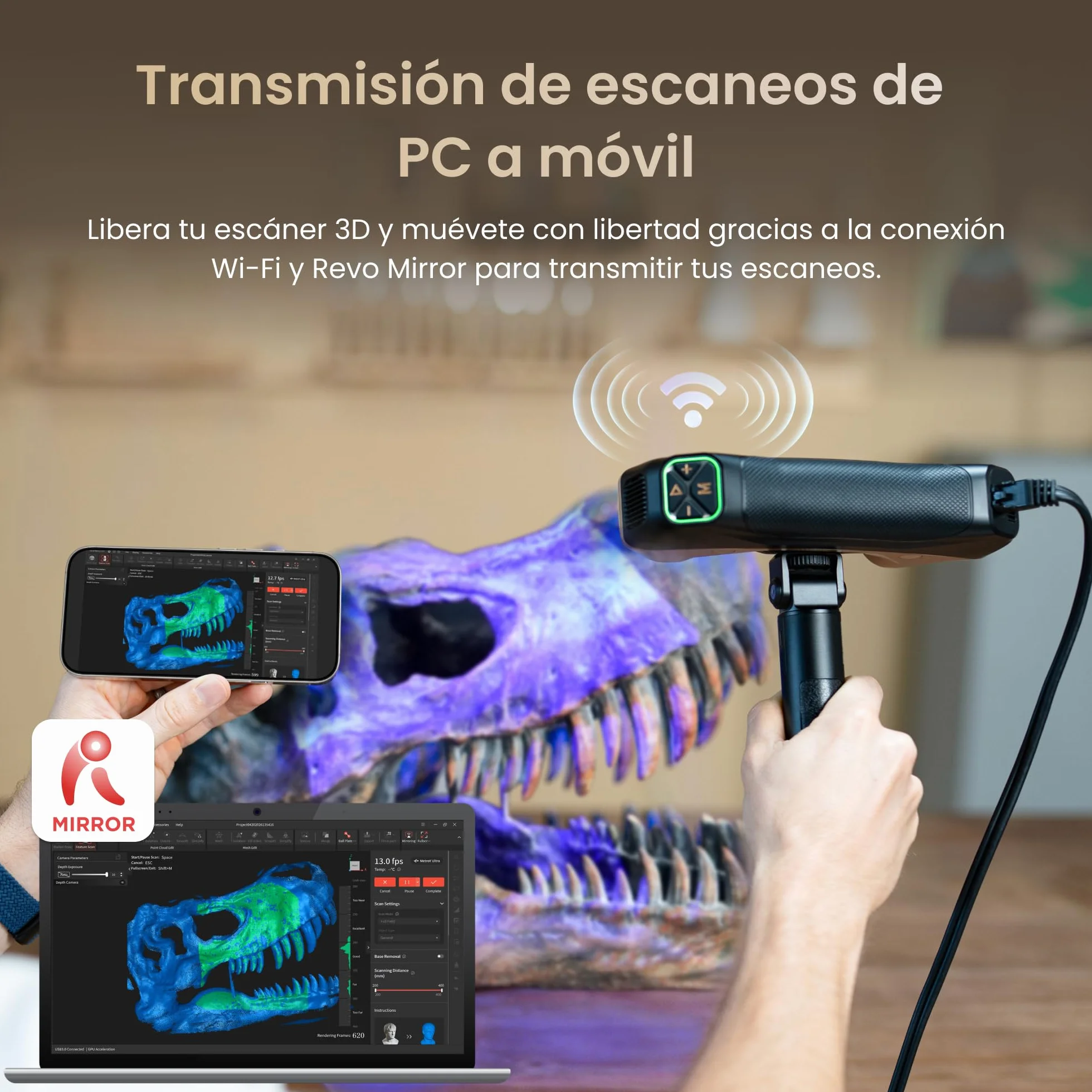 Revopoint MetroY Ultra Escáner 3D, Láser Azul 0,01 mm, GD&T y Análisis Desviaciones, Certificado PTB, 90 FPS, Wi-Fi 6, Escaneo Exterior/Color, Impresión 3D, Placa Bola Fibra Carbono (Solo Win 10/11)