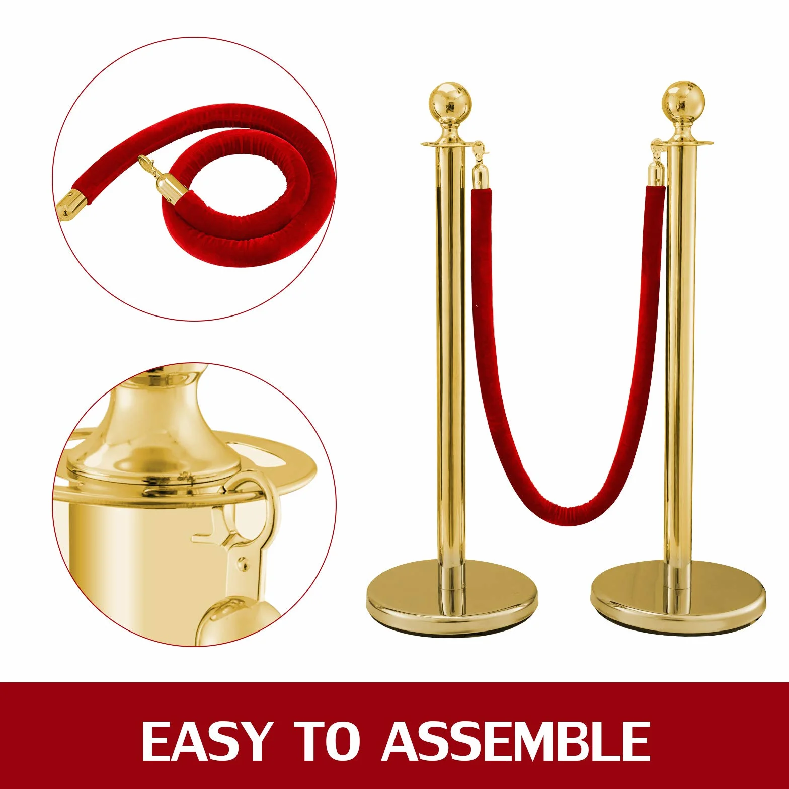 VEVOR Separador Poste 4 Juegos Barreras de Seguridad de 3 Cuerdas Poste Separador de Cinta Extensible Longitud de Cuerda 1.5m Dorado