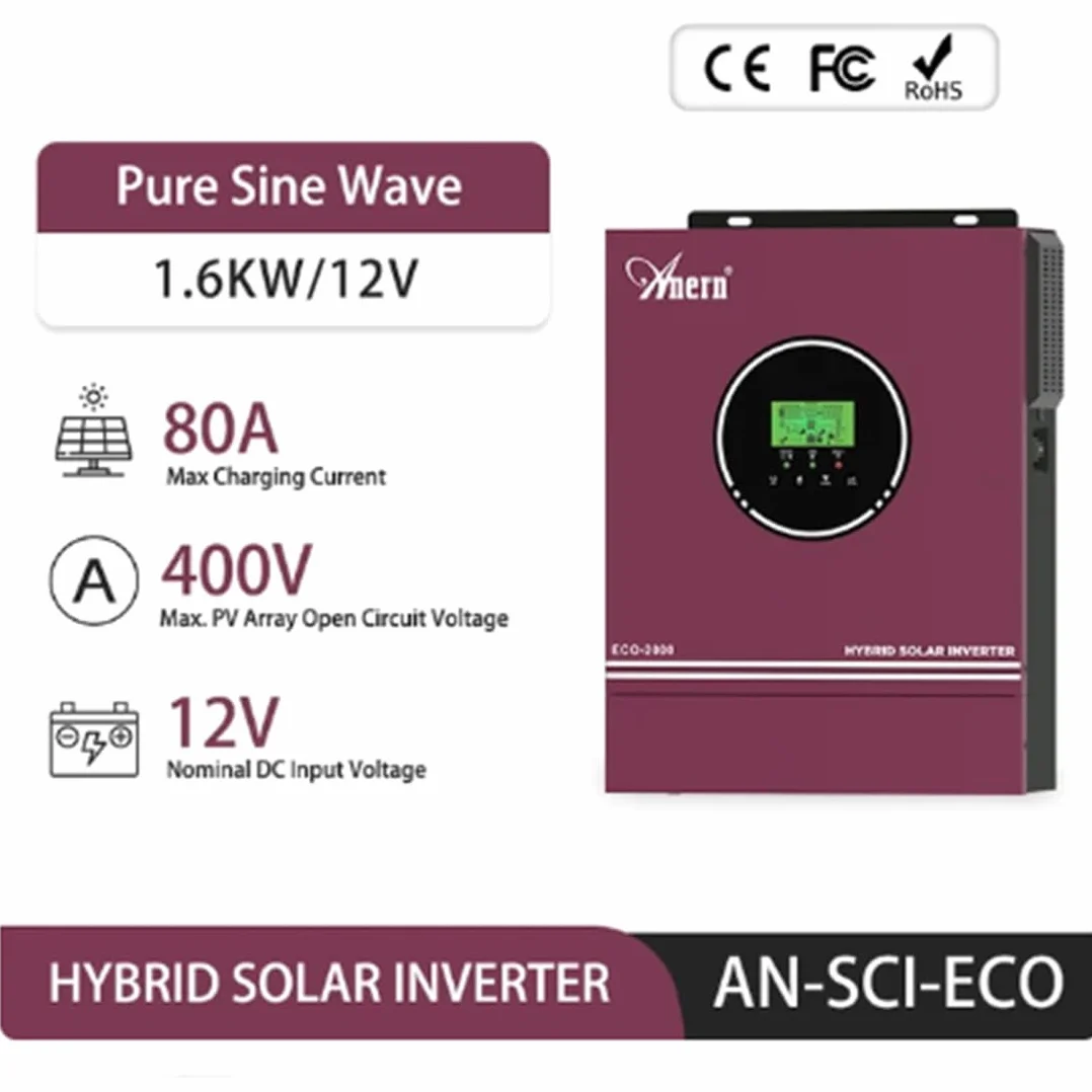 Anern 12V 2KW Inversor Solar híbrido Fuera de la Red Inversor Solar DC12V A AC230V con Cargador Solar MPPT de 80A Máx PV 400V DC Funciona con Acumuladores de Baterías de Litio de 12V