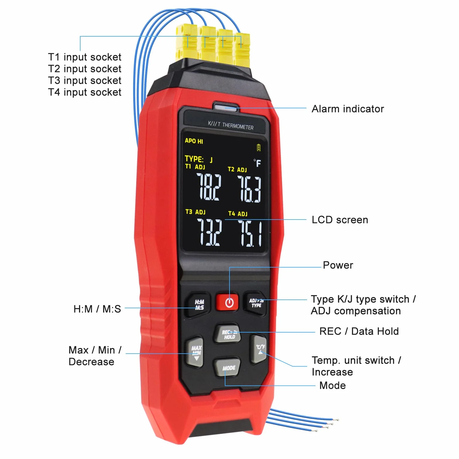 Registrador Digital de Datos Termopar Tipo K/J 4 Canales -200~1372°C Medidor Temperatura con Alarma
