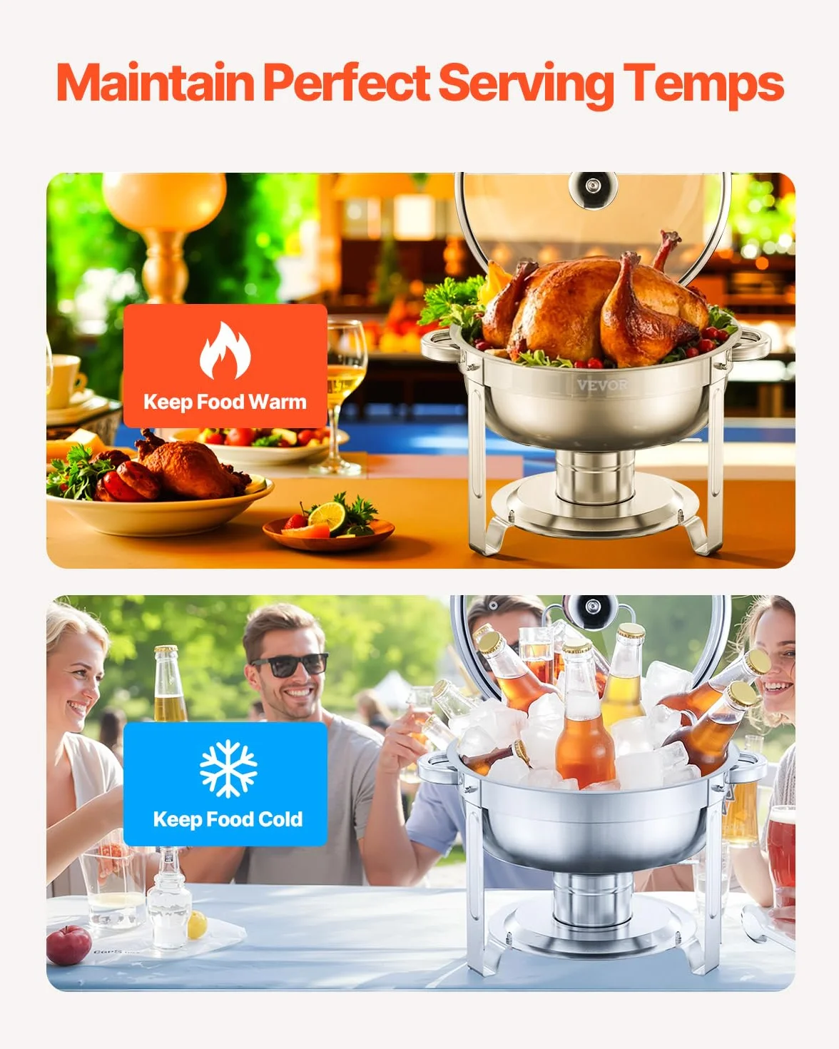 VEVOR Calentador de Alimentos con 2 Recipientes 4,7 L, Redondo, para Catering, Tapa de Vidrio, Soporte Plegable, Bufé